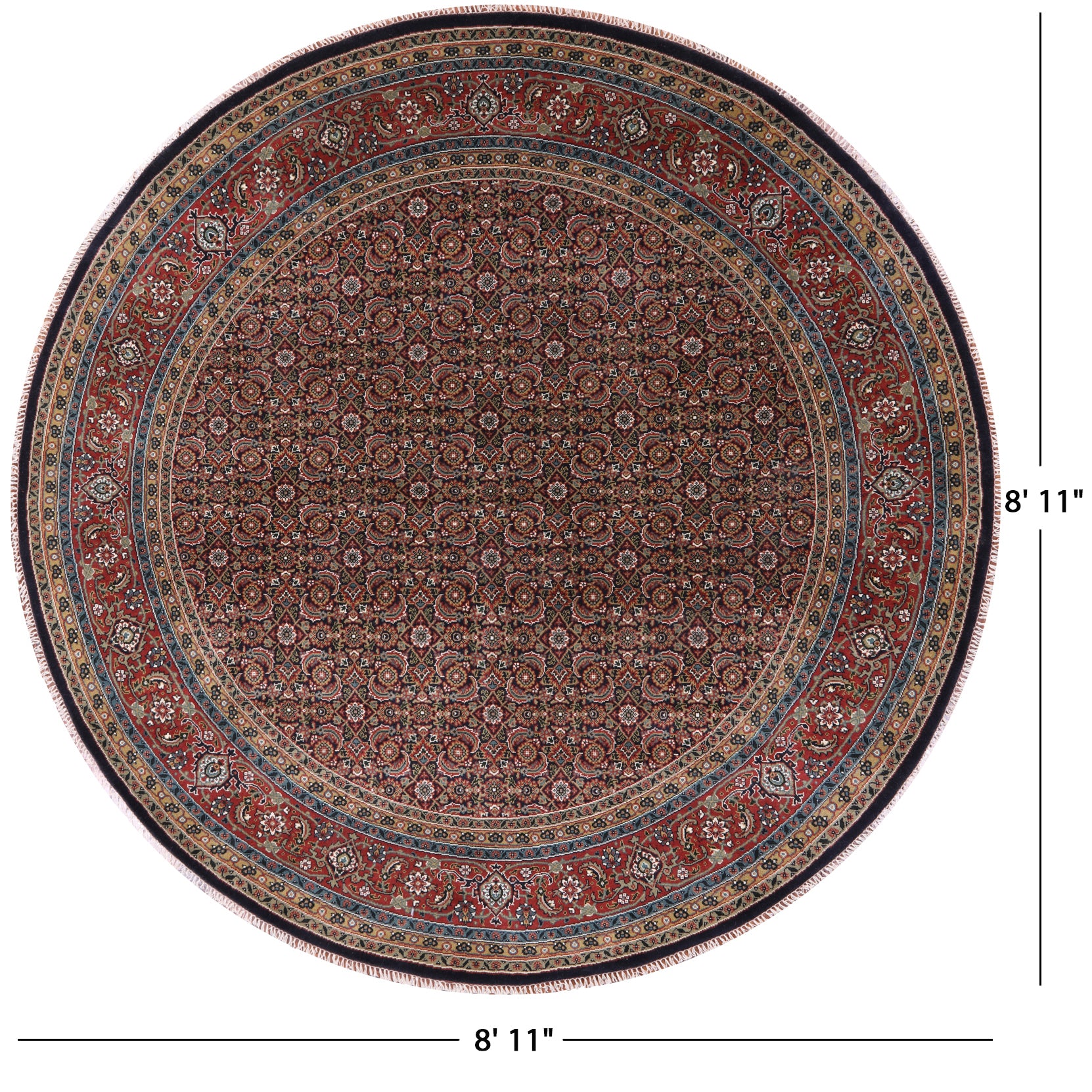 Round Persian Hill Herati Handmade Wool Rug - 8' 11" X 8' 11" - Golden Nile