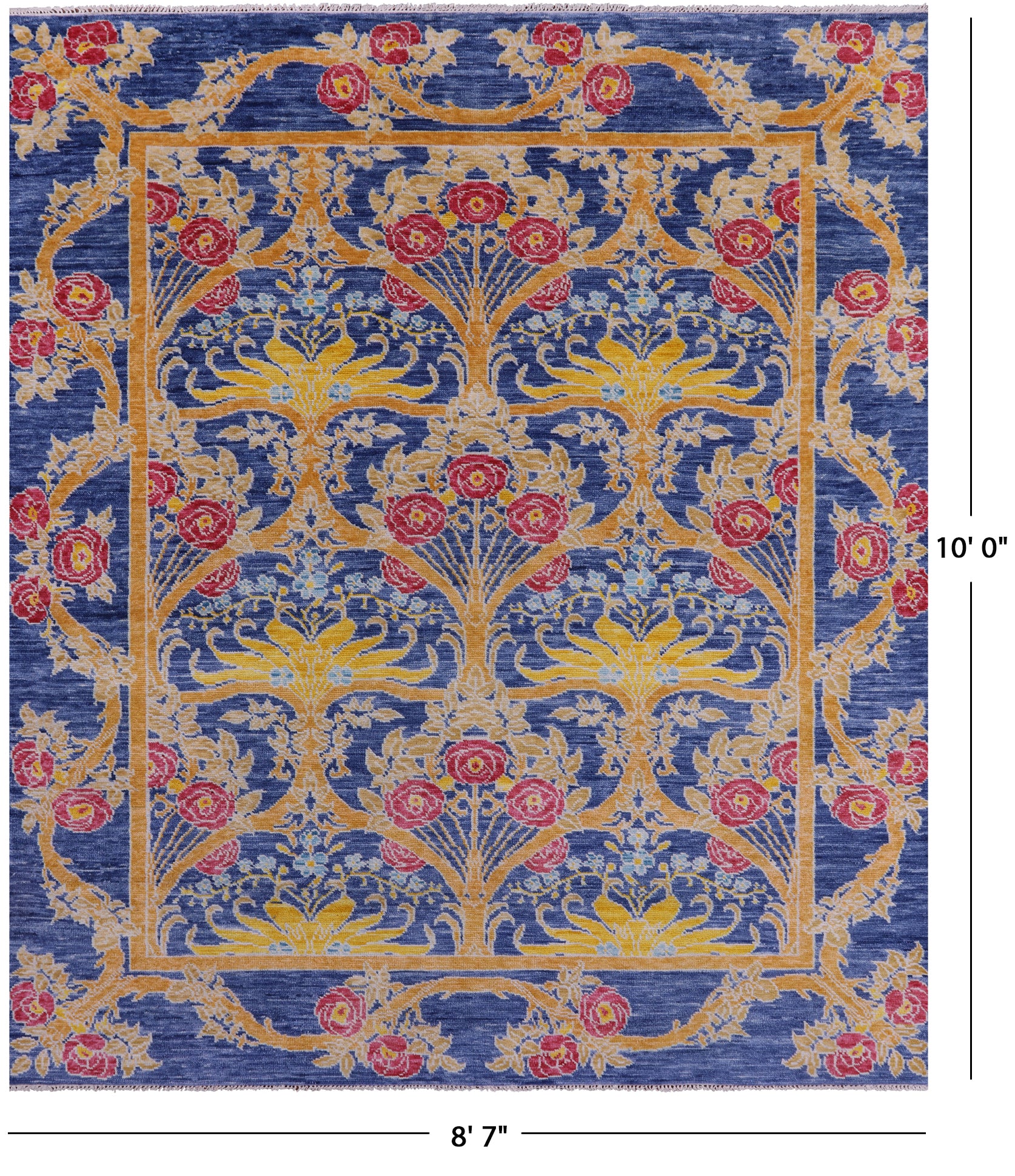 Blue William Morris Hand Knotted Wool Rug - 8' 7" X 10' 0" - Golden Nile