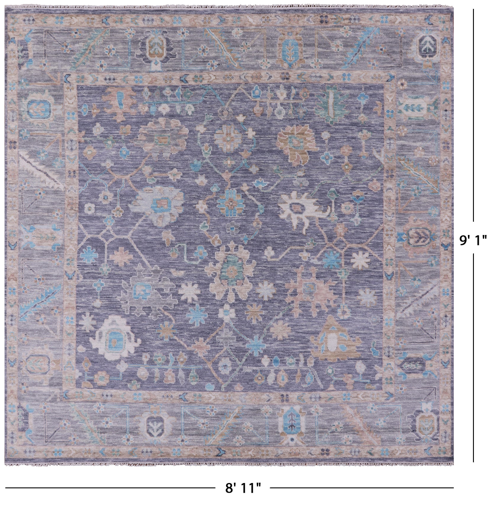 Grey Square Turkish Oushak Hand Knotted Wool Rug - 8' 11" X 9' 1" - Golden Nile