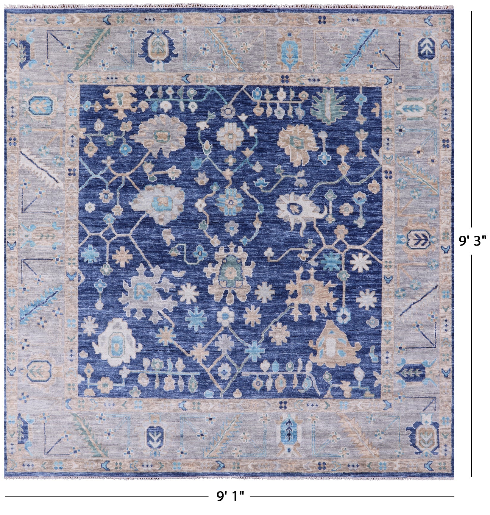 Blue Square Turkish Oushak Hand Knotted Wool Rug - 9' 1" X 9' 3" - Golden Nile