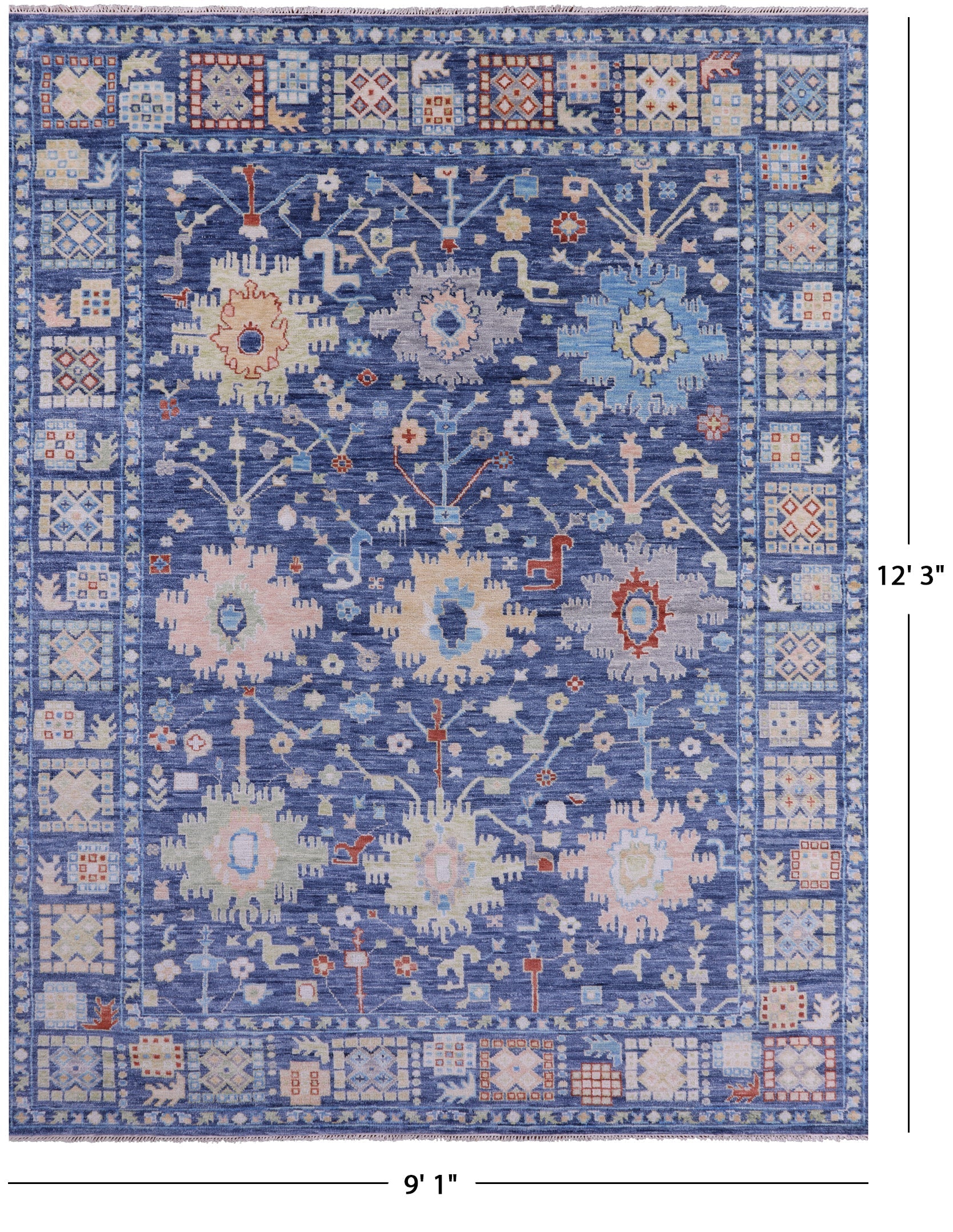 Blue Turkish Oushak Hand Knotted Wool Rug - 9' 1" X 12' 3" - Golden Nile