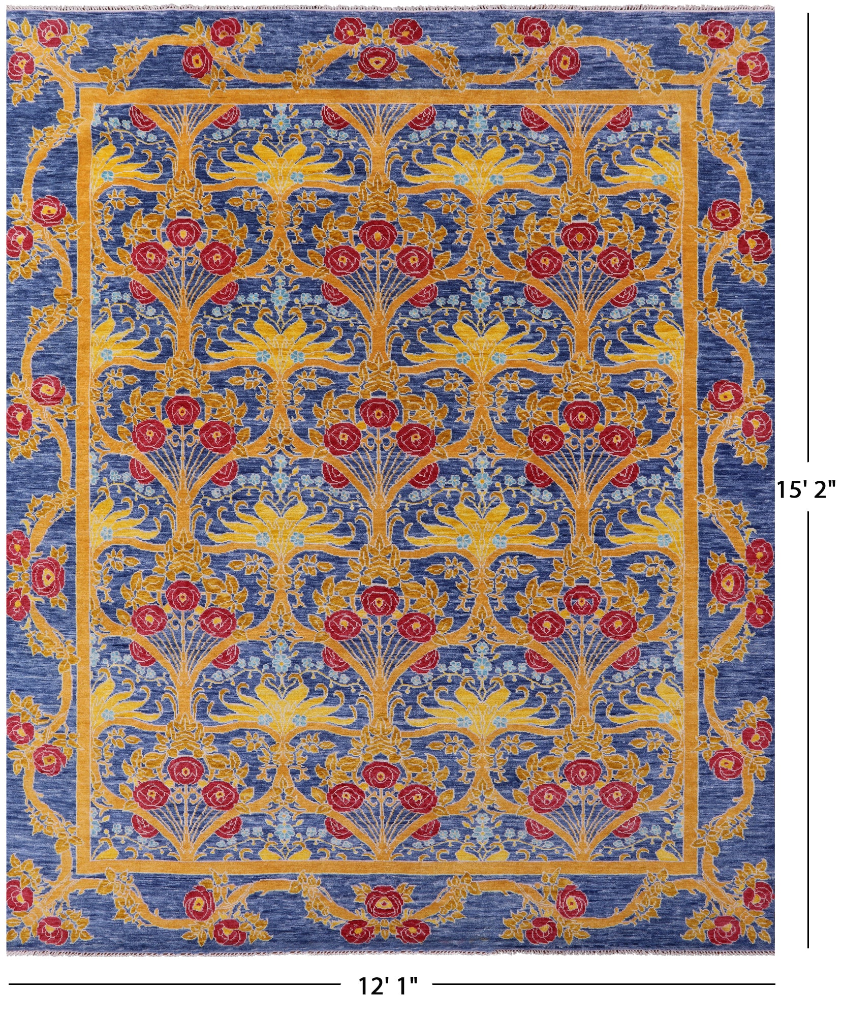 Blue William Morris Hand Knotted Wool Rug - 12' 1" X 15' 2" - Golden Nile