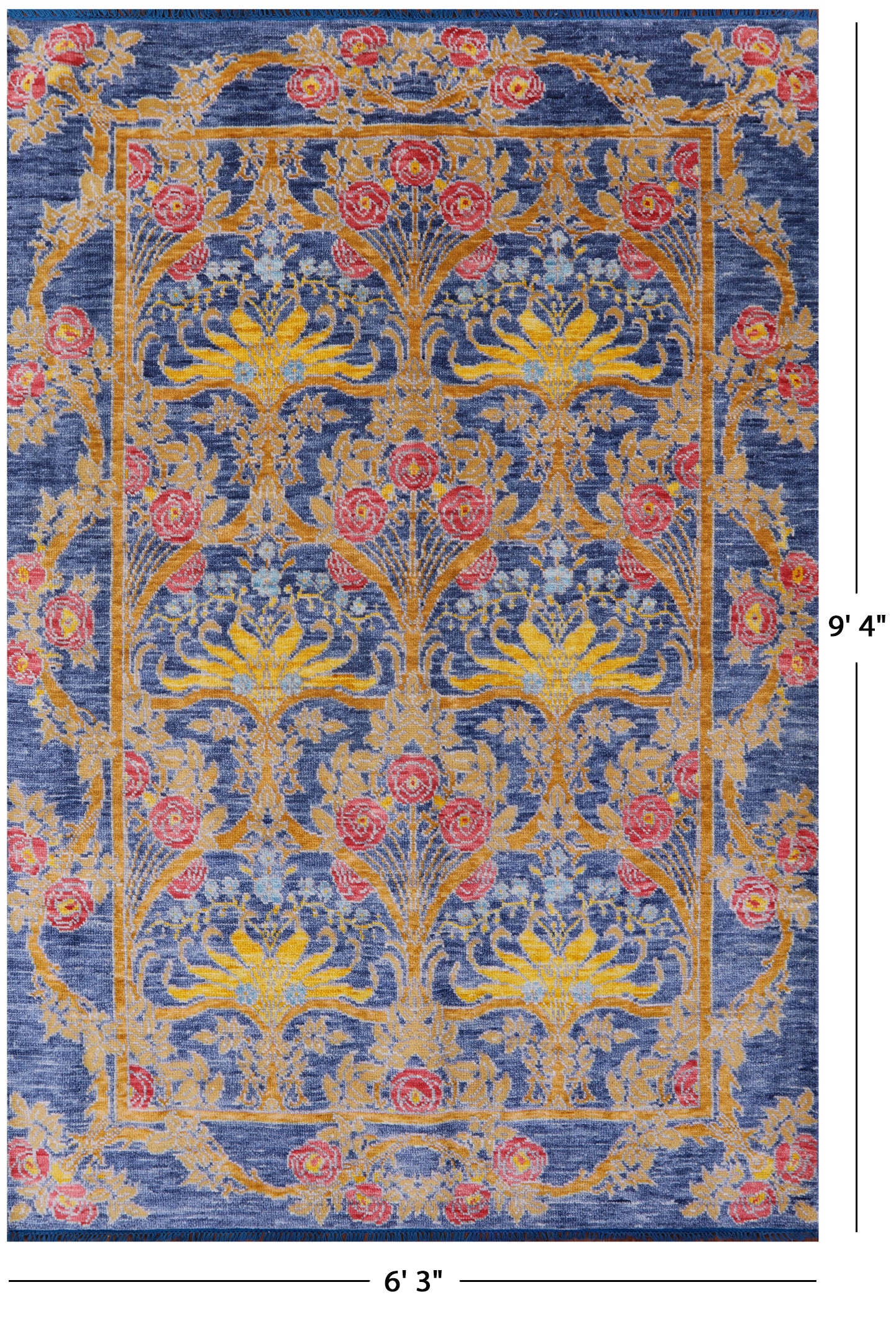Blue William Morris Hand Knotted Wool Rug - 6' 3" X 9' 4" - Golden Nile