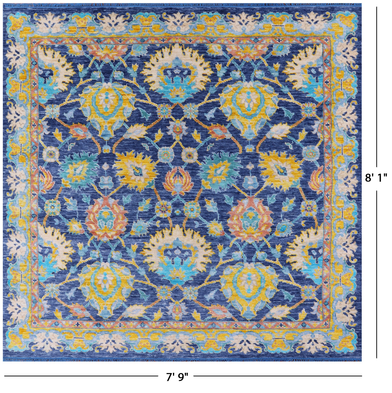 Blue Square Turkish Oushak Hand Knotted Wool Rug - 7' 9" X 8' 1" - Golden Nile
