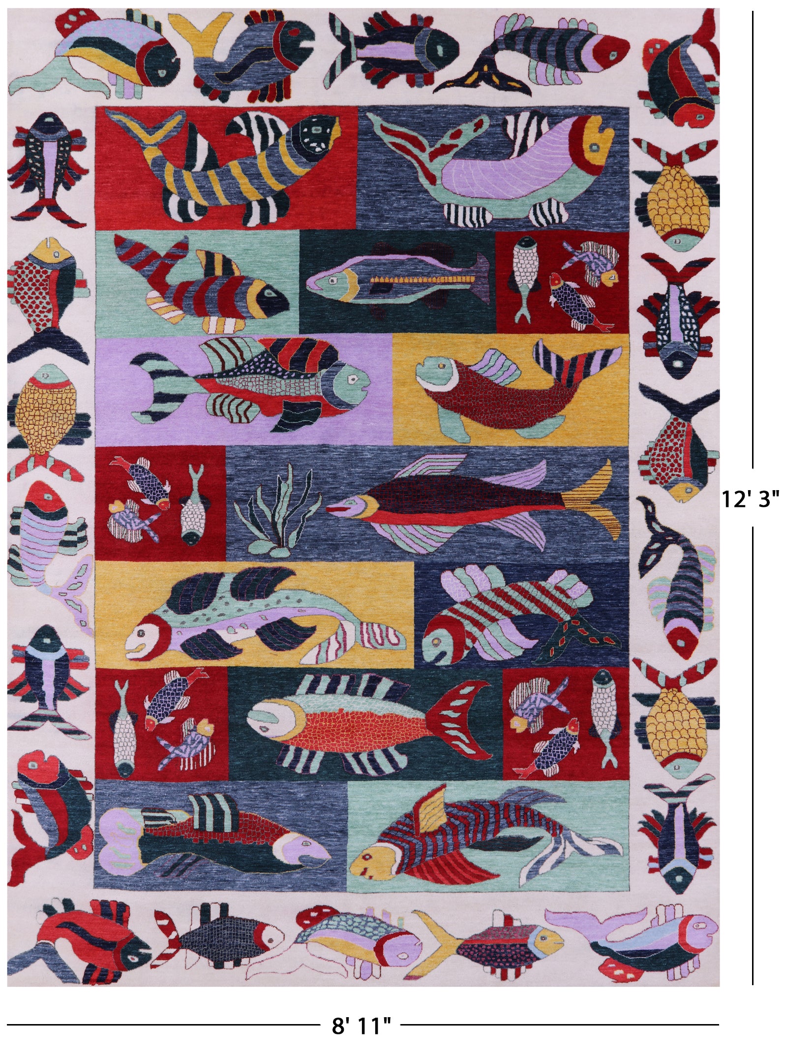 Fish Design Persian Gabbeh Hand Knotted Wool Rug - 8' 11" X 12' 3" - Golden Nile