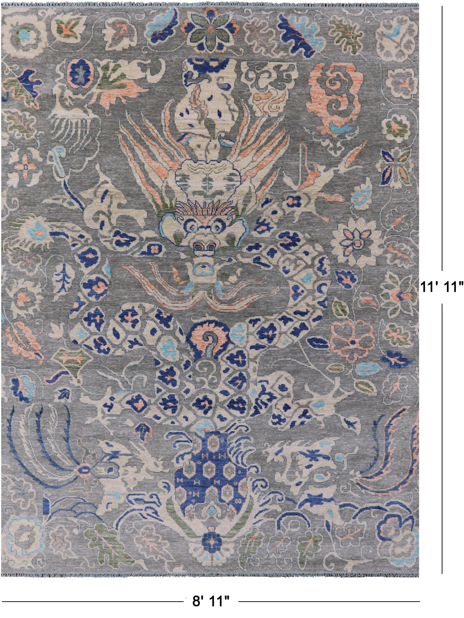 Grey Dragon Design Hand Knotted Wool Rug - 8' 11" X 11' 11" - Golden Nile