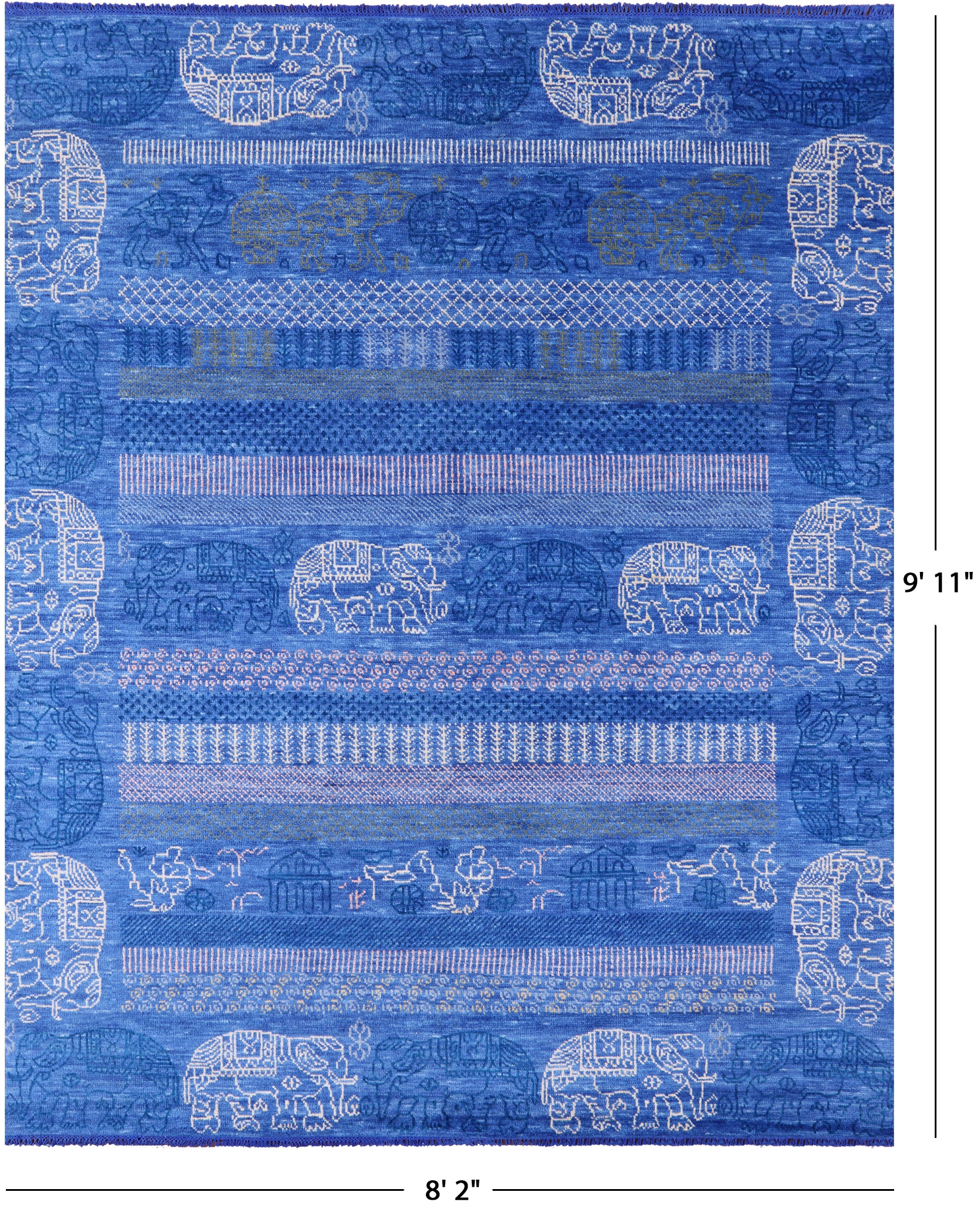Blue Elephant Design Tribal Persian Gabbeh Hand Knotted Wool Rug - 8' 2" X 9' 11" - Golden Nile