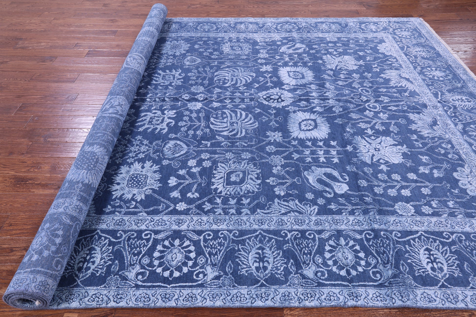 Blue Persian Hand Knotted Wool & Silk Rug - 9' 0" X 12' 4" - Golden Nile