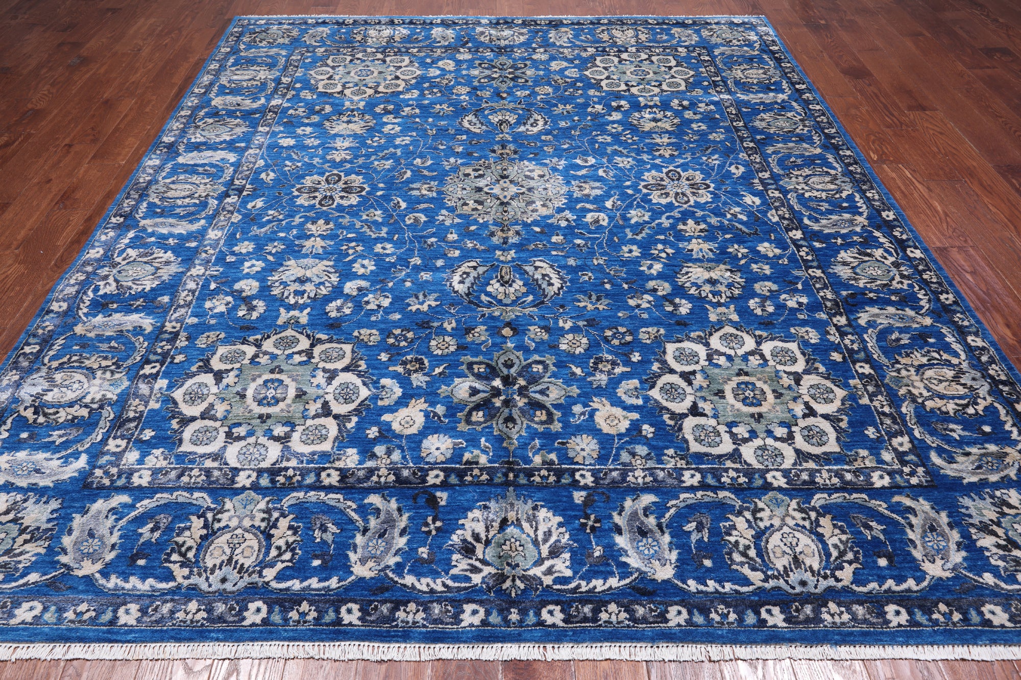 Blue Persian Fine Serapi Hand Knotted Wool & Silk Rug - 8' 1" X 9' 11"