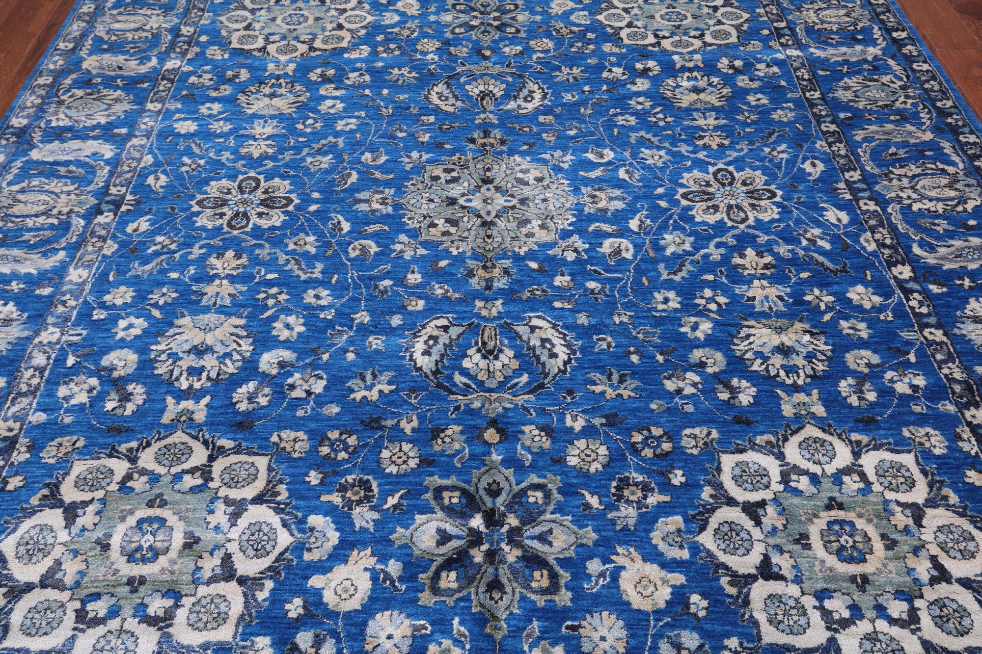 Blue Persian Fine Serapi Hand Knotted Wool & Silk Rug - 8' 1" X 9' 11"
