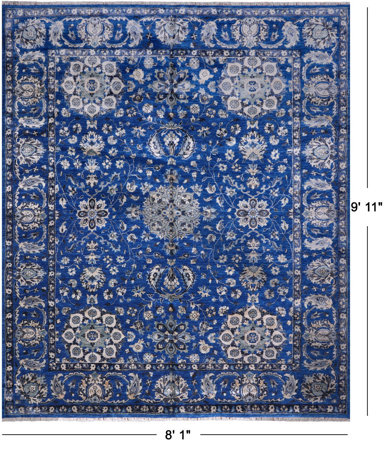 Blue Persian Fine Serapi Hand Knotted Wool & Silk Rug - 8' 1" X 9' 11"