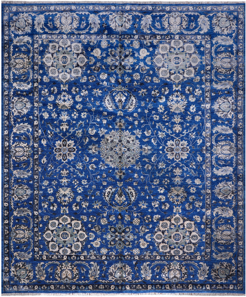 Blue Persian Fine Serapi Hand Knotted Wool & Silk Rug - 8' 1" X 9' 11"