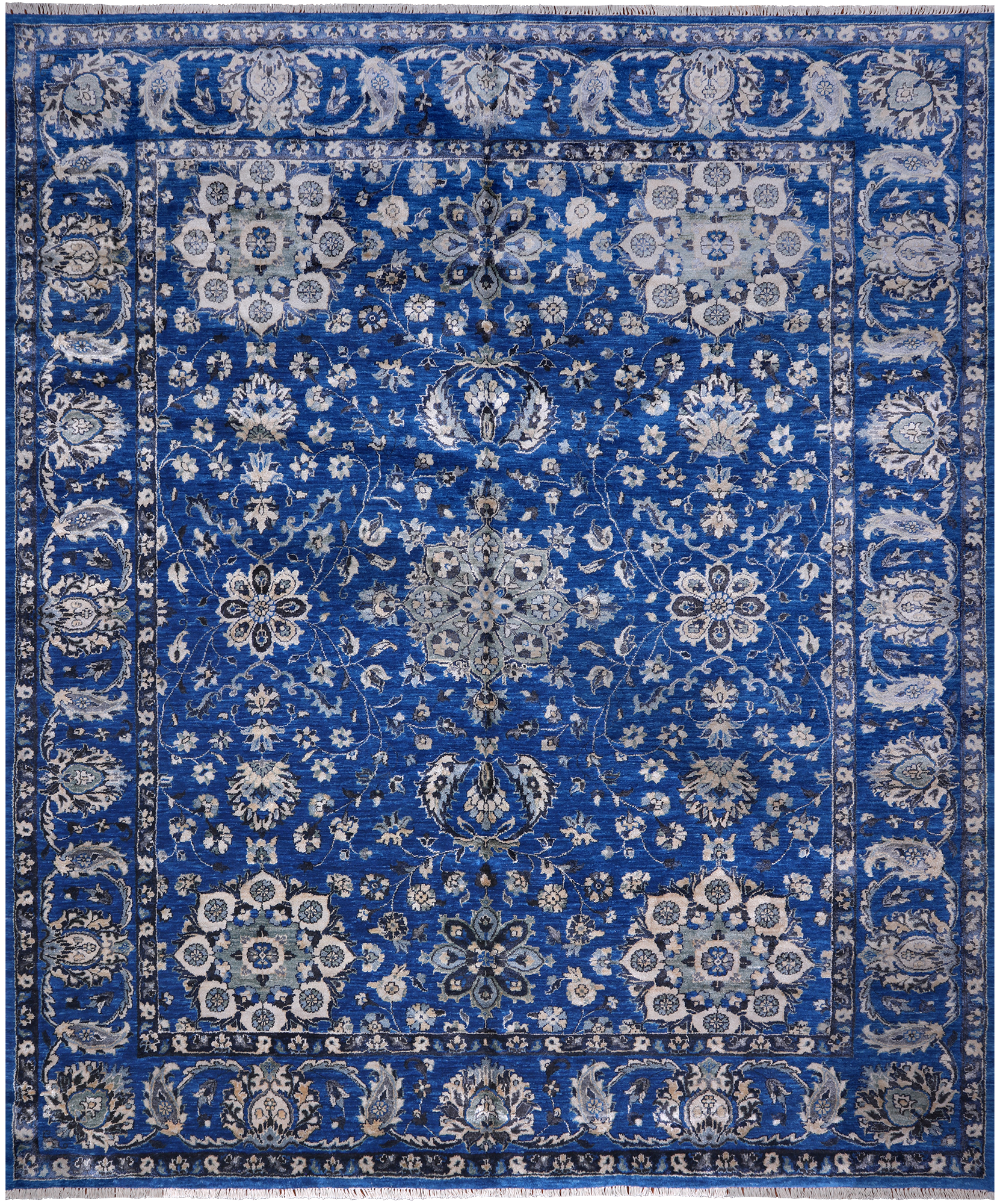 Blue Persian Fine Serapi Hand Knotted Wool & Silk Rug - 8' 1" X 9' 11"