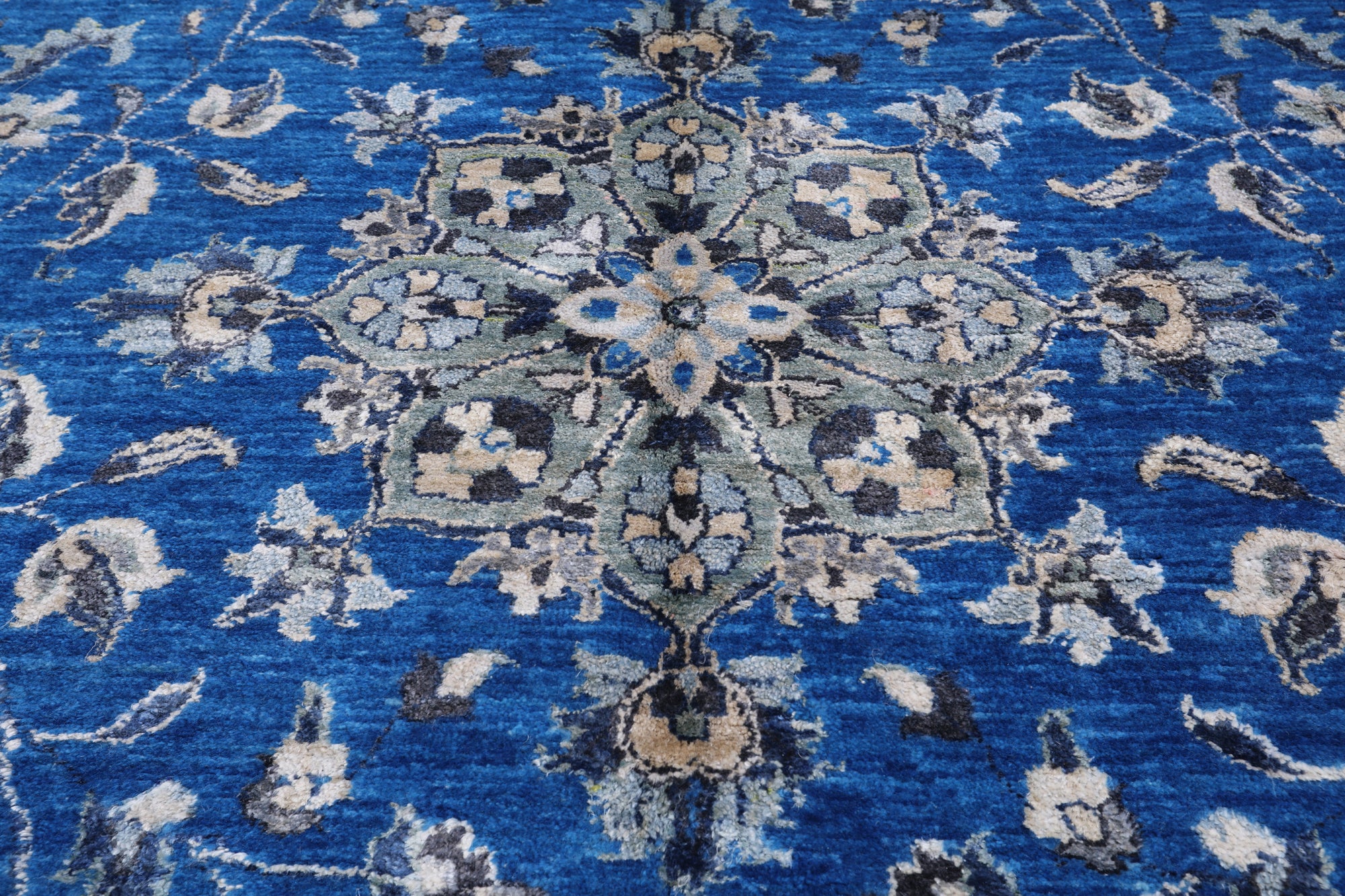 Blue Persian Fine Serapi Hand Knotted Wool & Silk Rug - 8' 1" X 9' 11"