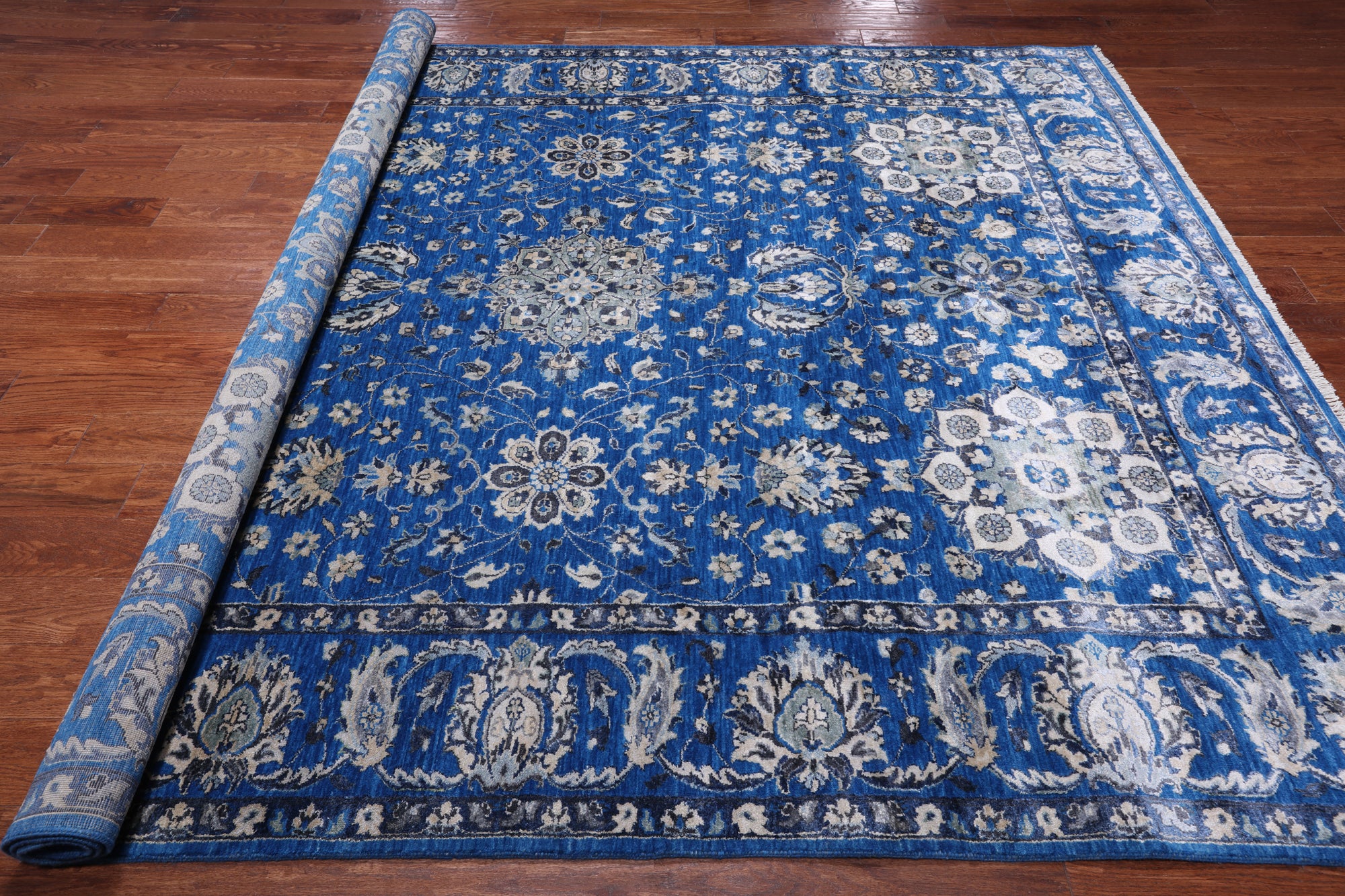 Blue Persian Fine Serapi Hand Knotted Wool & Silk Rug - 8' 1" X 9' 11"