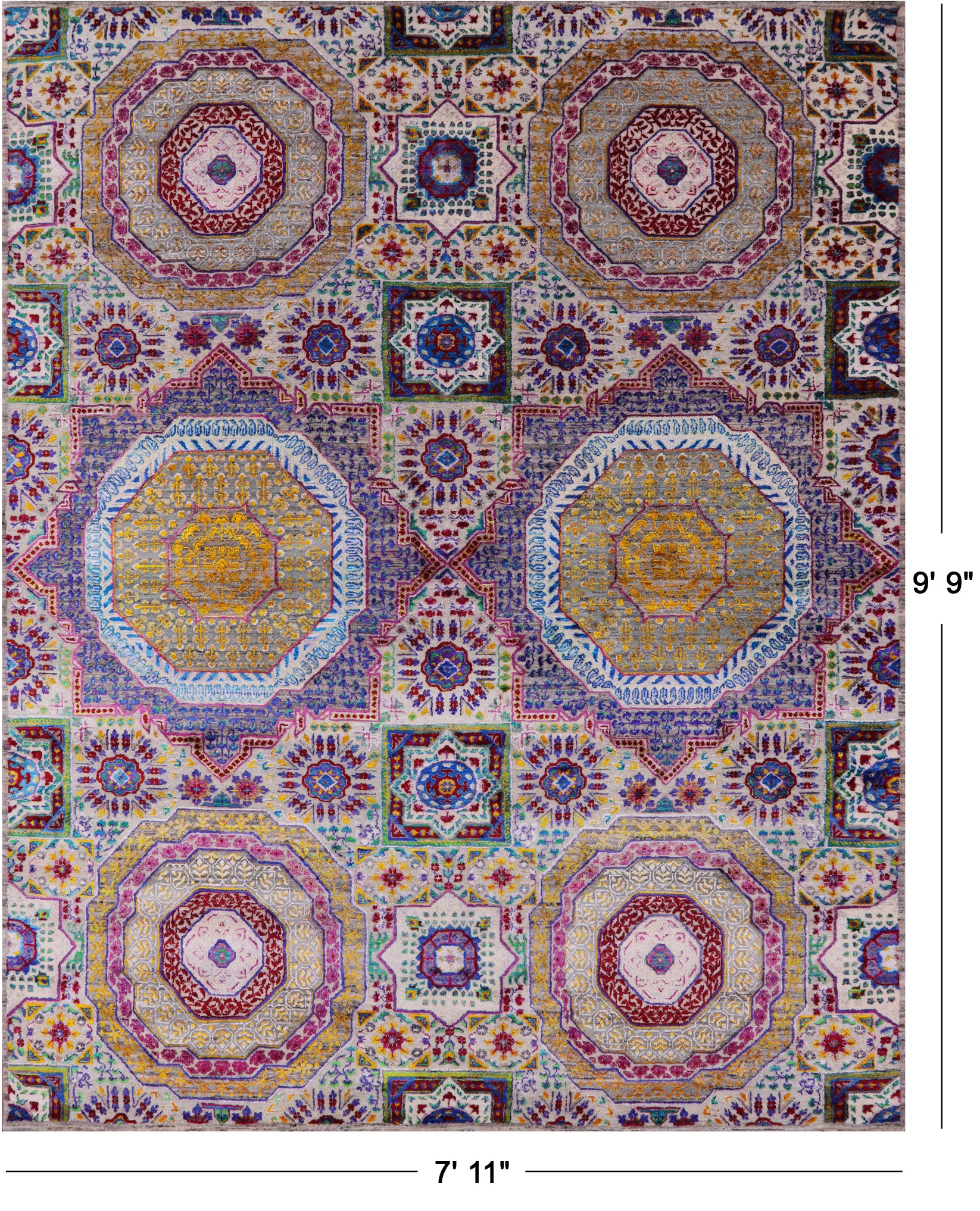 Geometric Persian Mamluk Hand Knotted Wool & Silk Rug - 7' 11" X 9' 9" - Golden Nile