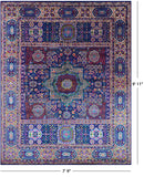 Blue Geometric Persian Mamluk Hand Knotted Wool & Silk Rug - 7' 9" X 9' 11" - Golden Nile