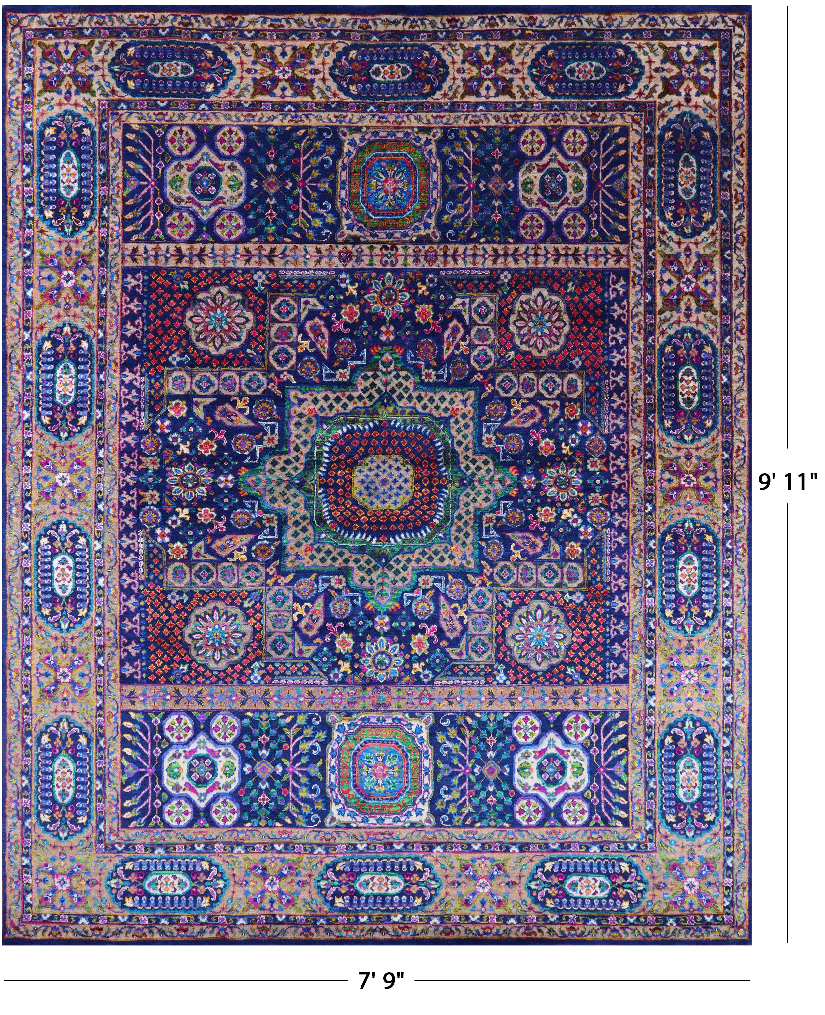 Blue Geometric Persian Mamluk Hand Knotted Wool & Silk Rug - 7' 9" X 9' 11" - Golden Nile