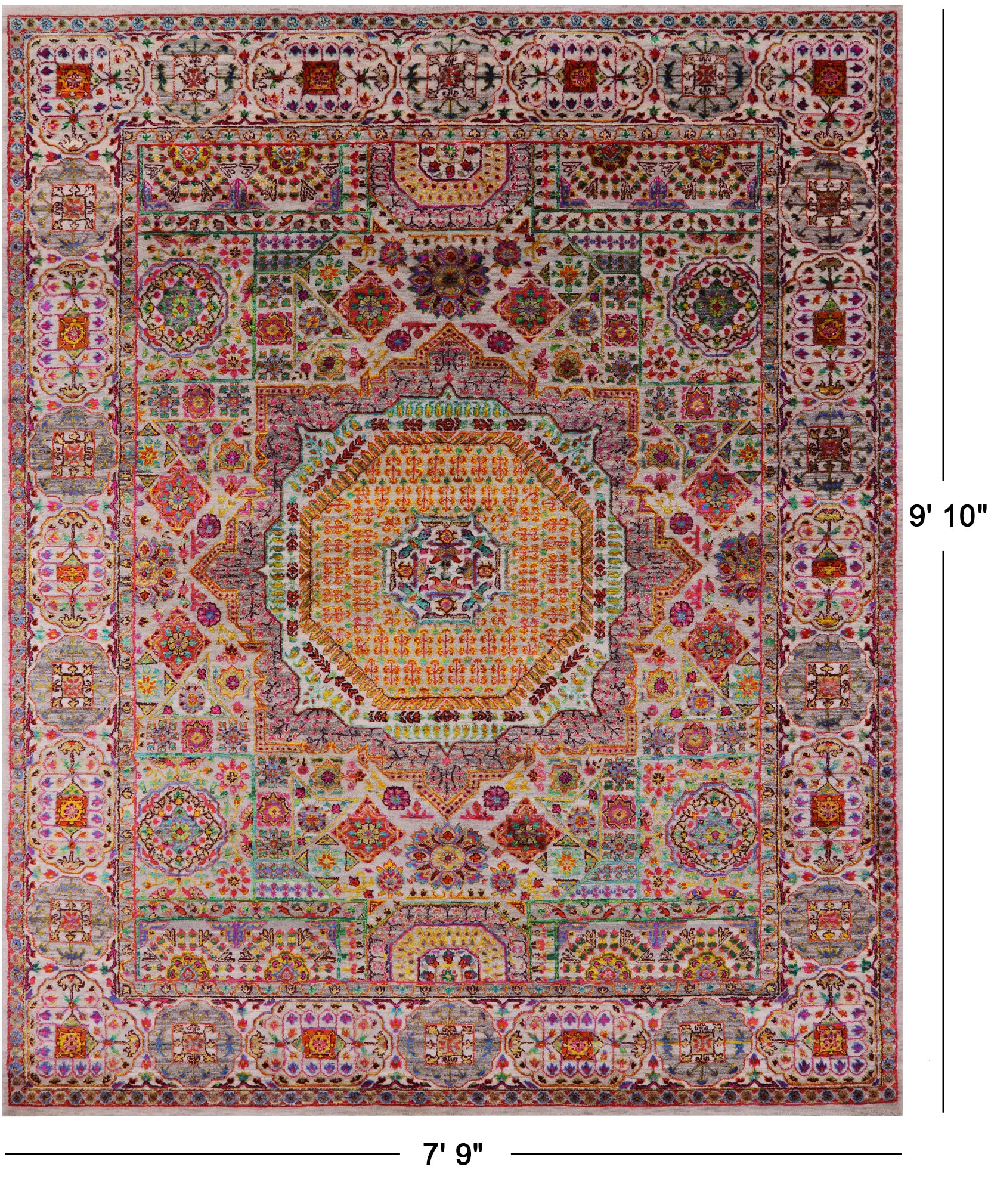 Geometric Persian Mamluk Hand Knotted Wool & Silk Rug - 7' 9" X 9' 10" - Golden Nile