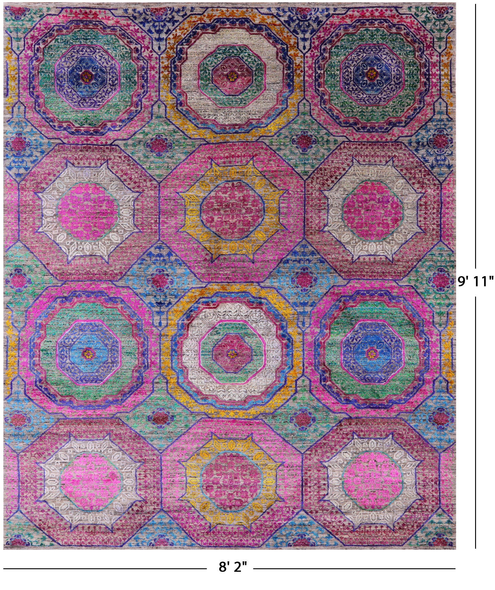 Geometric Persian Mamluk Hand Knotted Wool & Silk Rug - 8' 2" X 9' 11" - Golden Nile