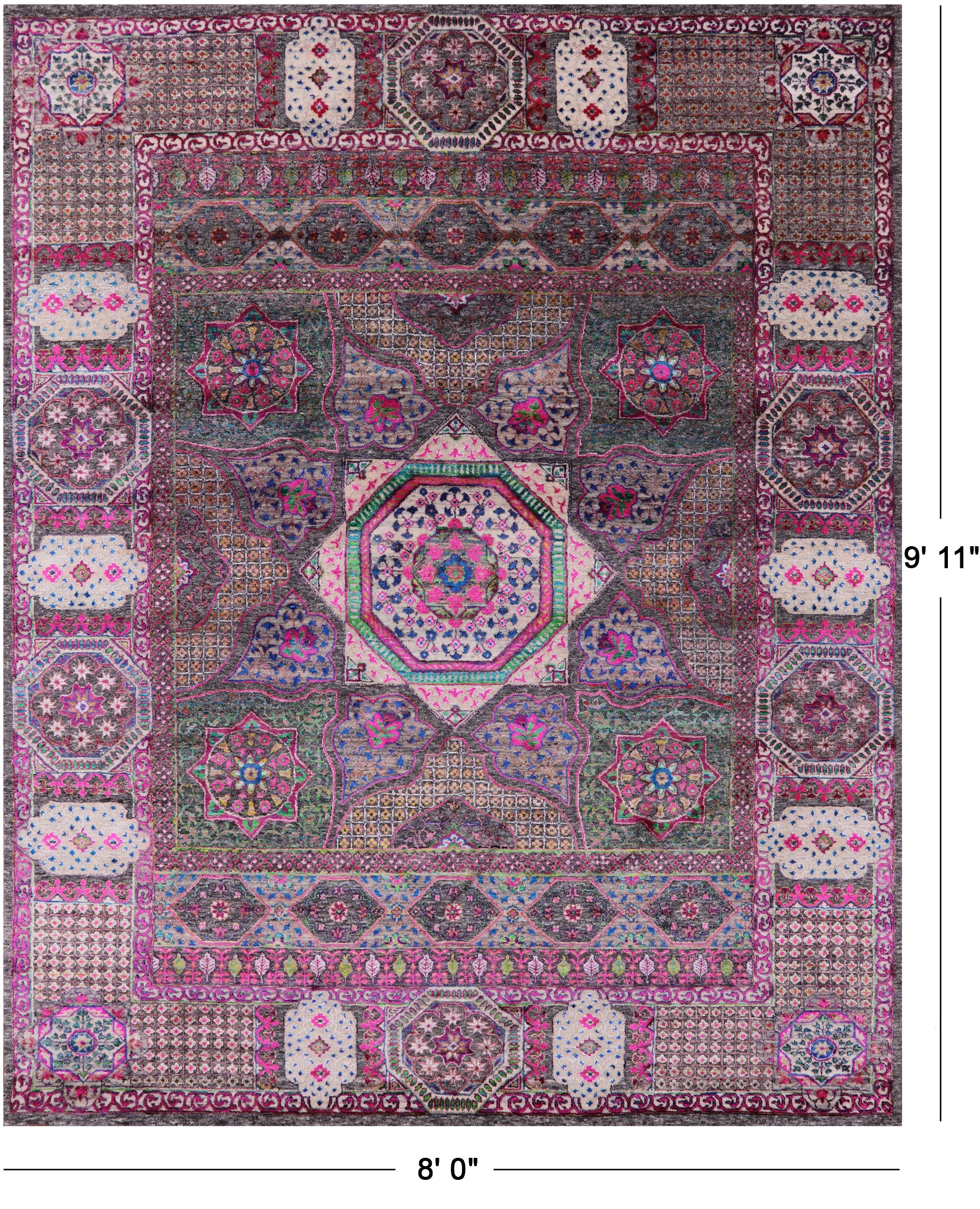 Geometric Persian Mamluk Hand Knotted Wool & Silk Rug - 8' 0" X 9' 11" - Golden Nile
