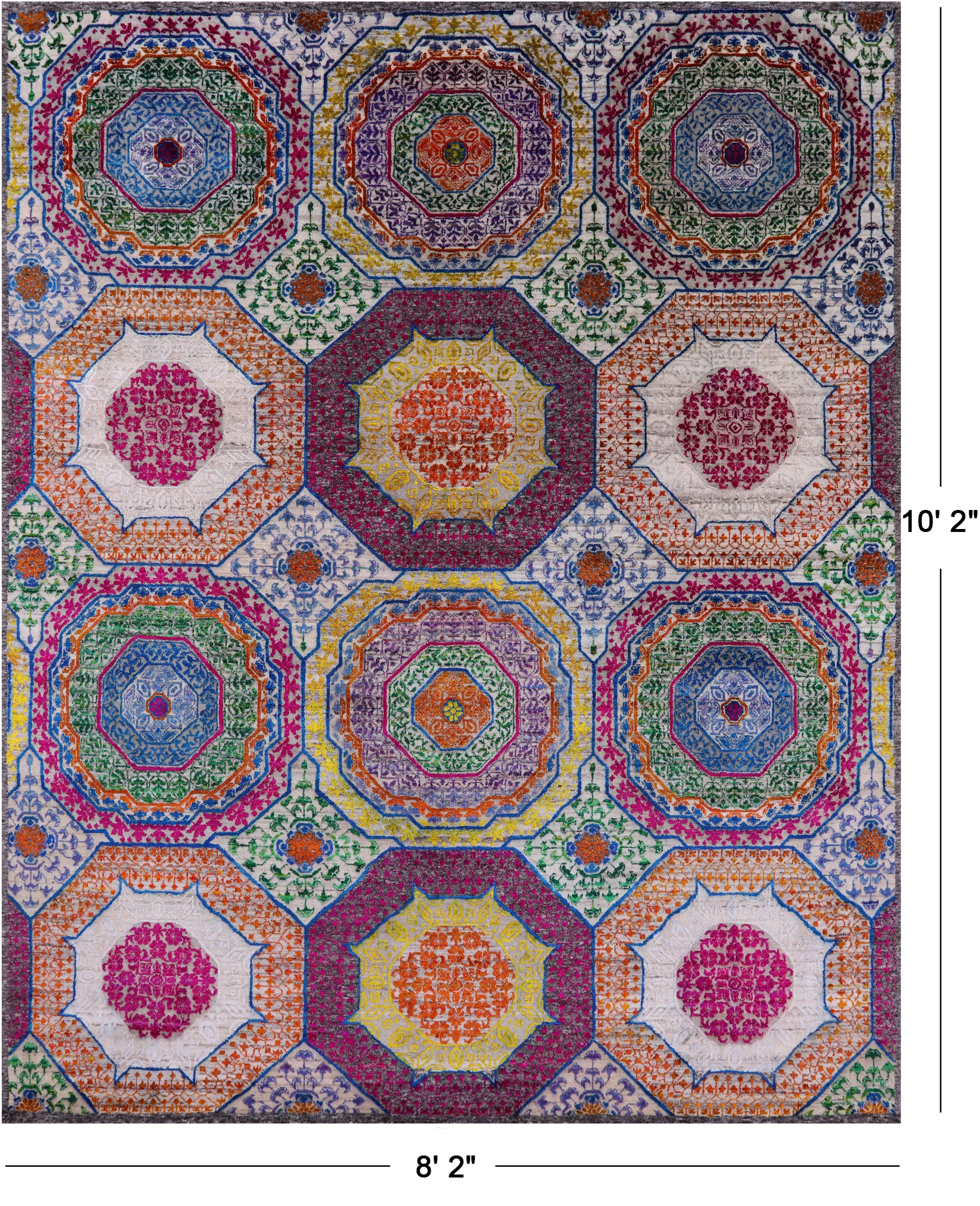 Geometric Persian Mamluk Hand Knotted Wool & Silk Rug - 8' 2" X 10' 2" - Golden Nile