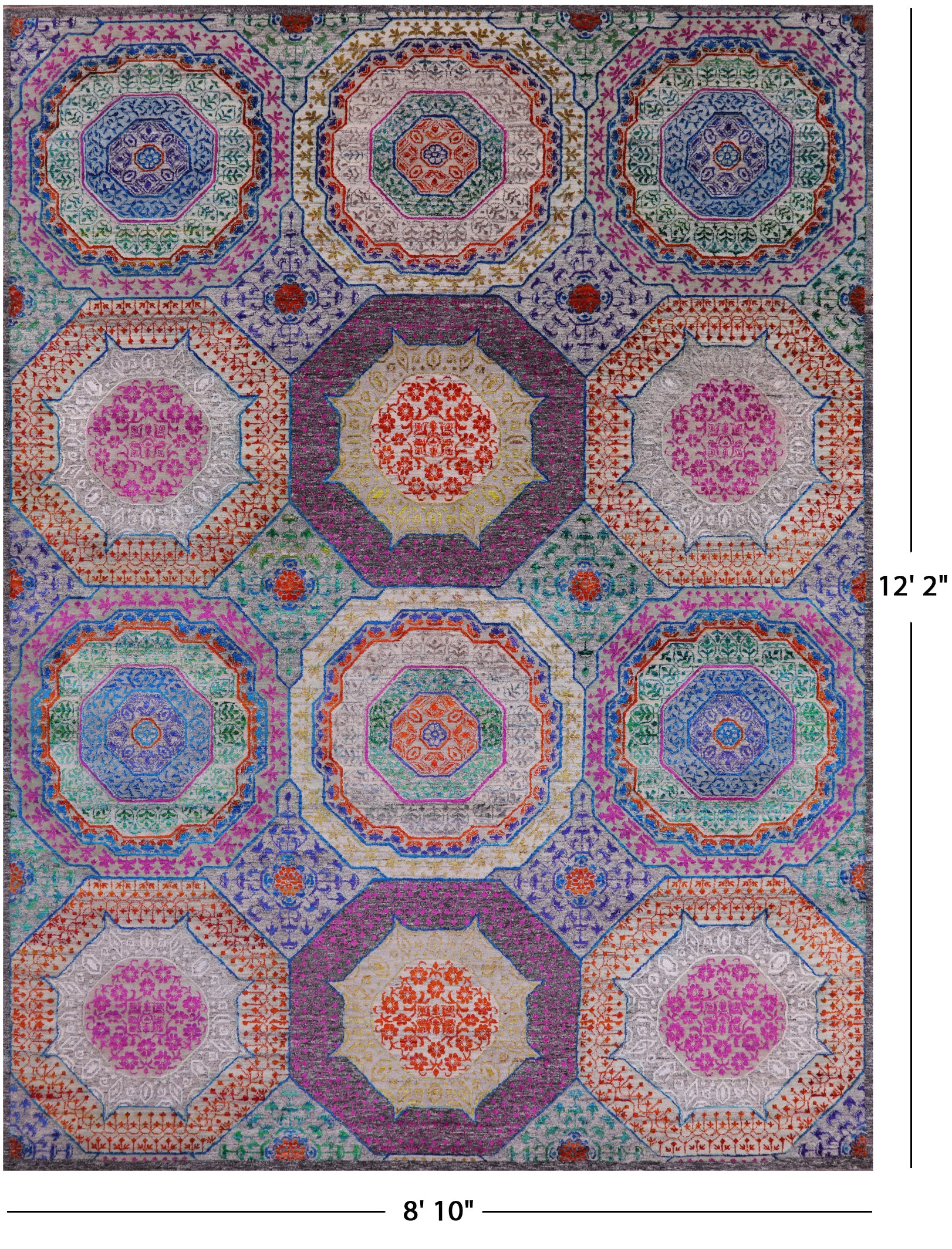 Geometric Persian Mamluk Hand Knotted Wool & Silk Rug - 8' 10" X 12' 2" - Golden Nile