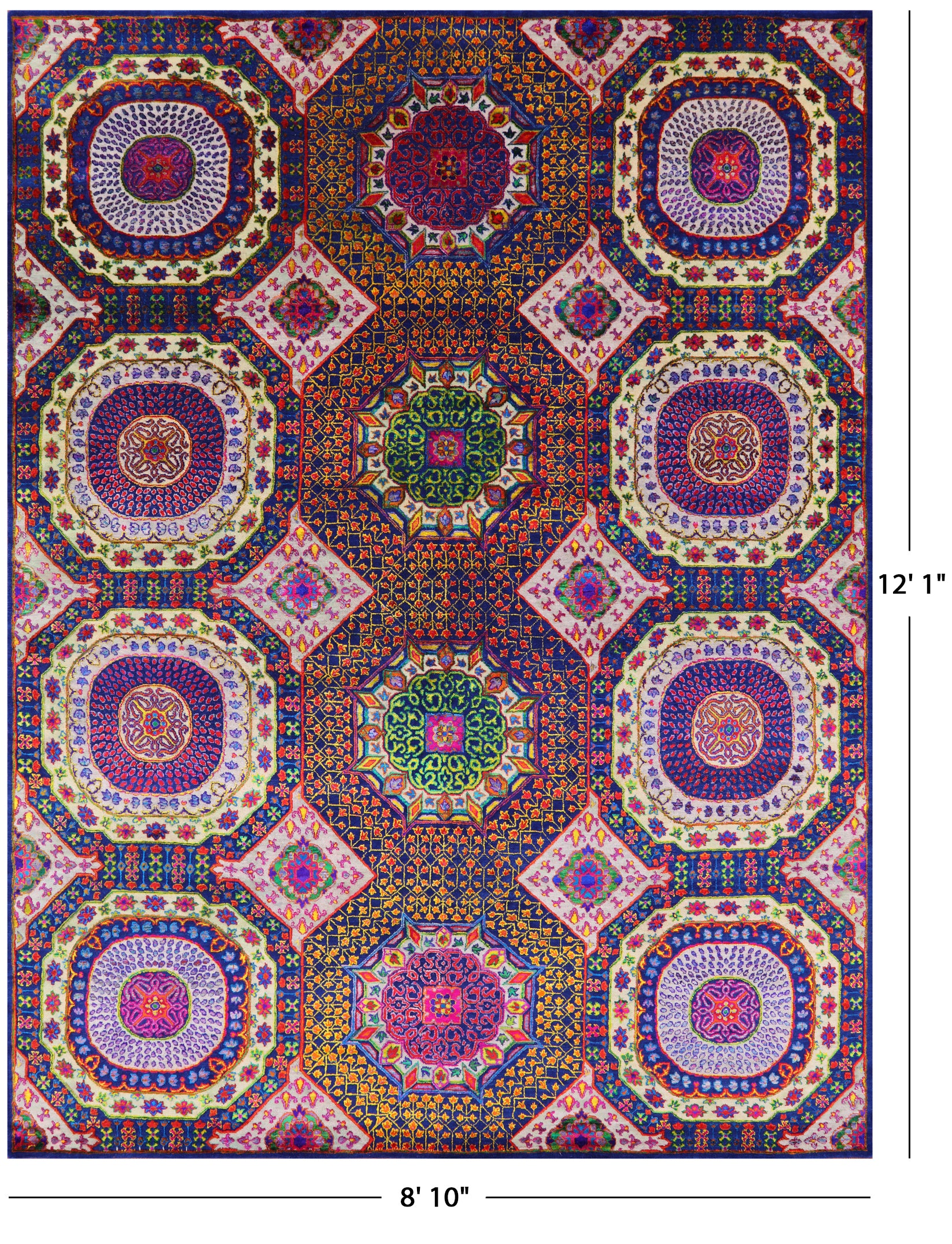 Geometric Persian Mamluk Hand Knotted Wool & Silk Rug - 8' 10" X 12' 1" - Golden Nile