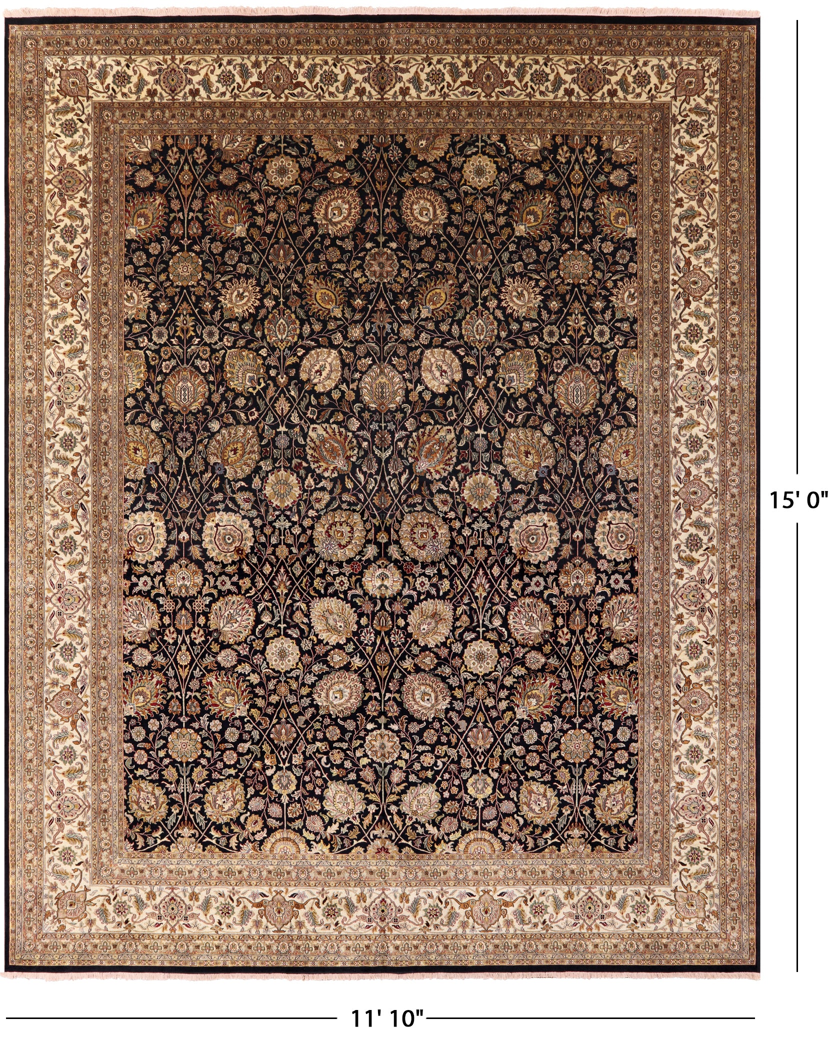 Black Persian Tabriz Hand Knotted Wool Rug - 11' 10" X 15' 0" - Golden Nile