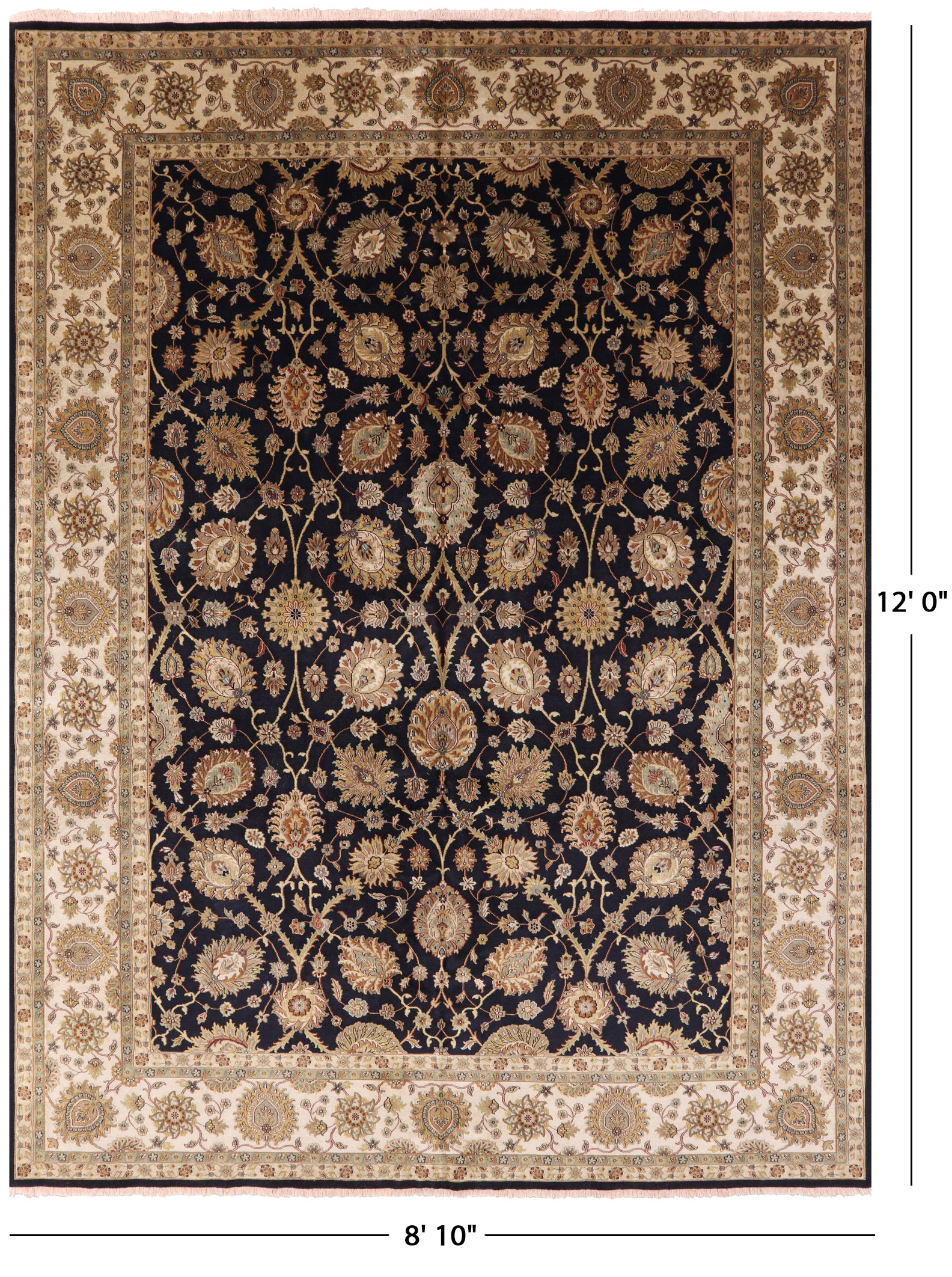 Black Persian Tabriz Hand Knotted Wool Rug - 8' 10" X 12' 0" - Golden Nile