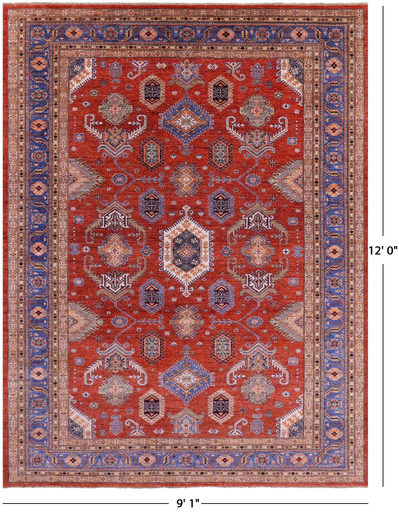 Red Super Kazak Hand Knotted Wool Rug - 9' 1" X 12' 0" - Golden Nile