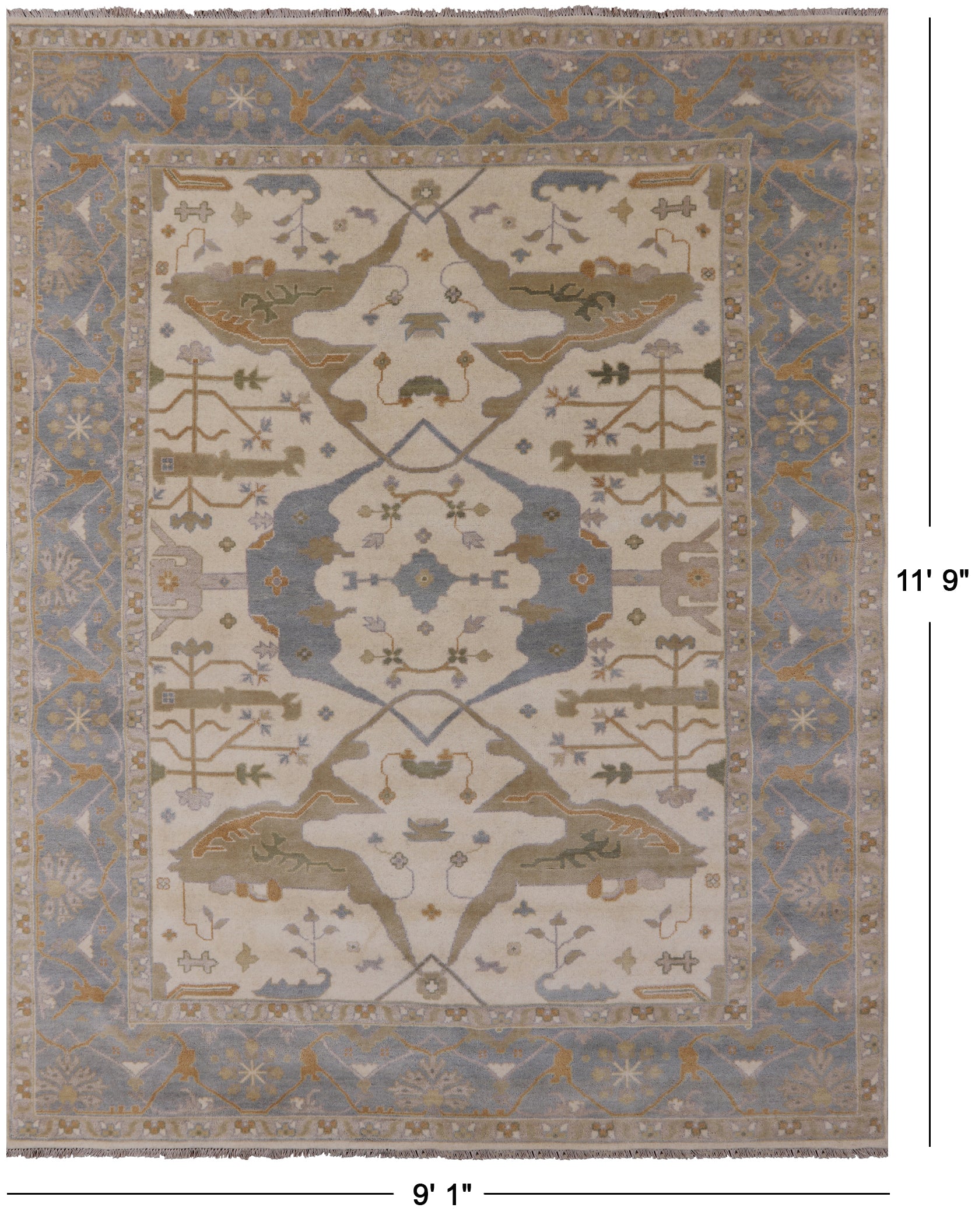 Ivory Turkish Oushak Hand Knotted Wool Area Rug - 9' 1" X 11' 9" - Golden Nile