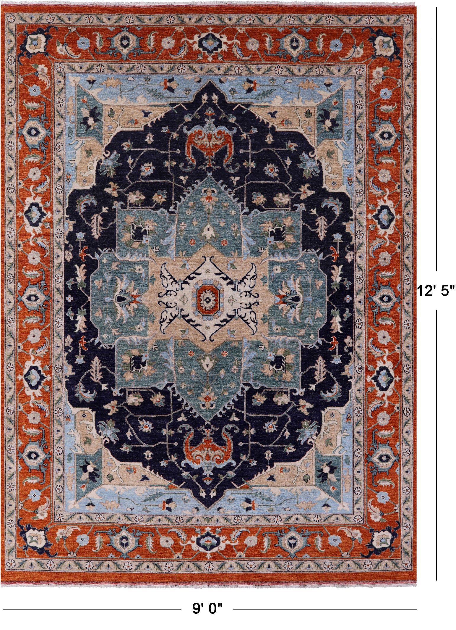 Blue Persian Fine Serapi Handmade Wool Rug - 9' 0" X 12' 5" - Golden Nile