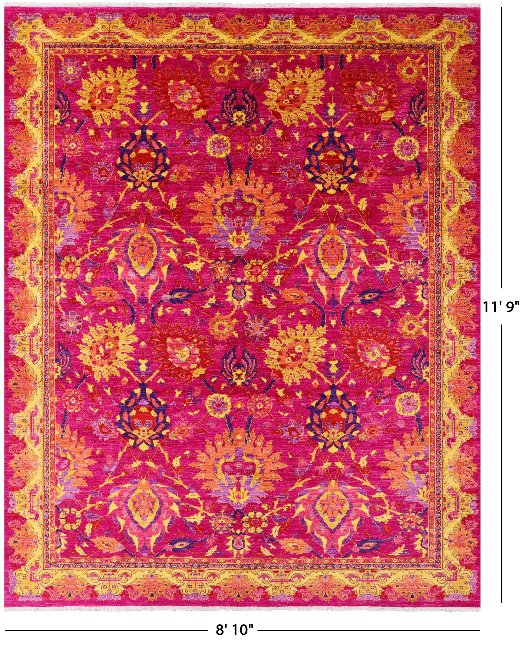 Pink William Morris Handmade Wool Rug - 8' 10" X 11' 9" - Golden Nile