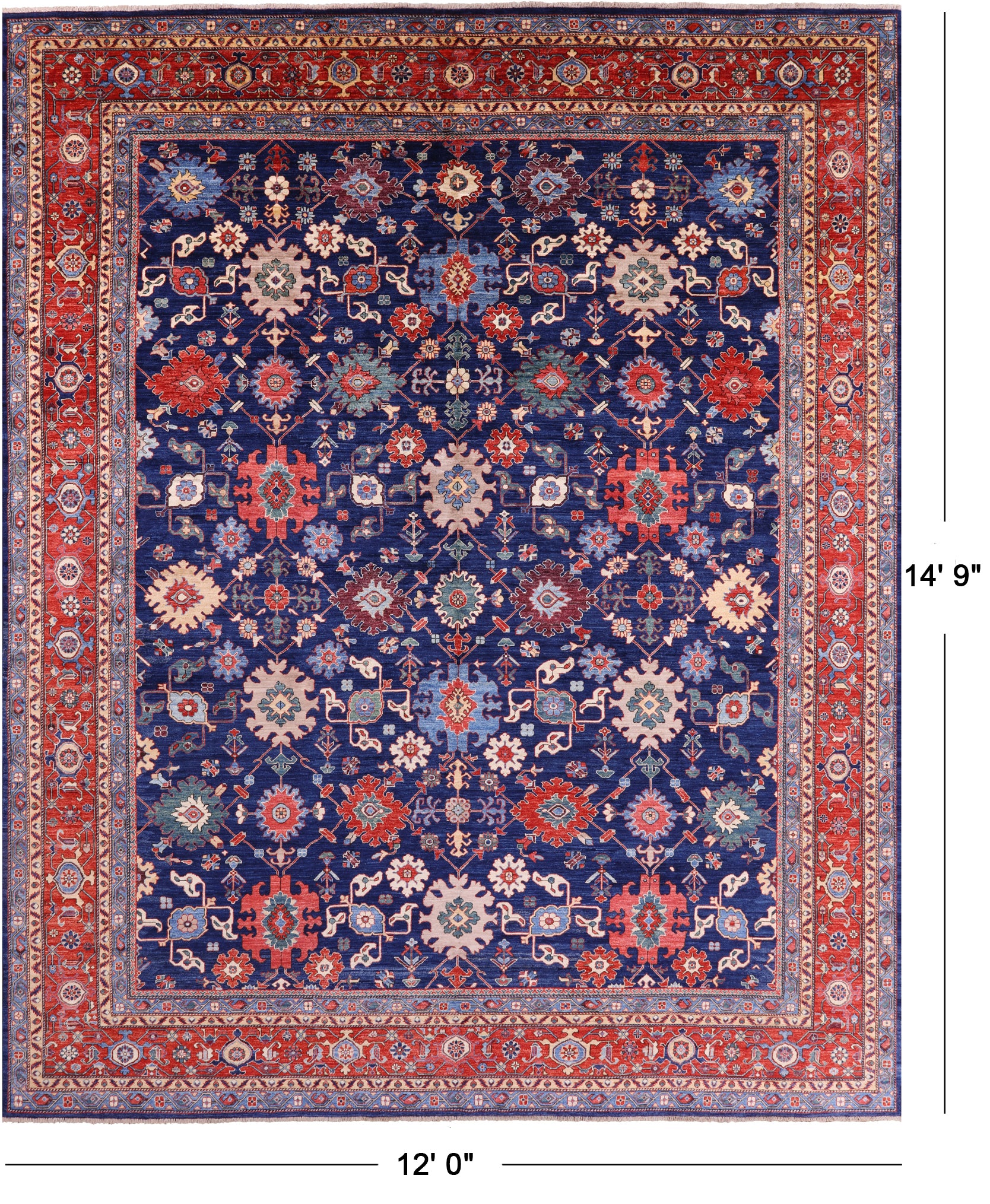 Blue Persian Fine Serapi Hand Knotted Wool Rug - 12' 0" X 14' 9" - Golden Nile