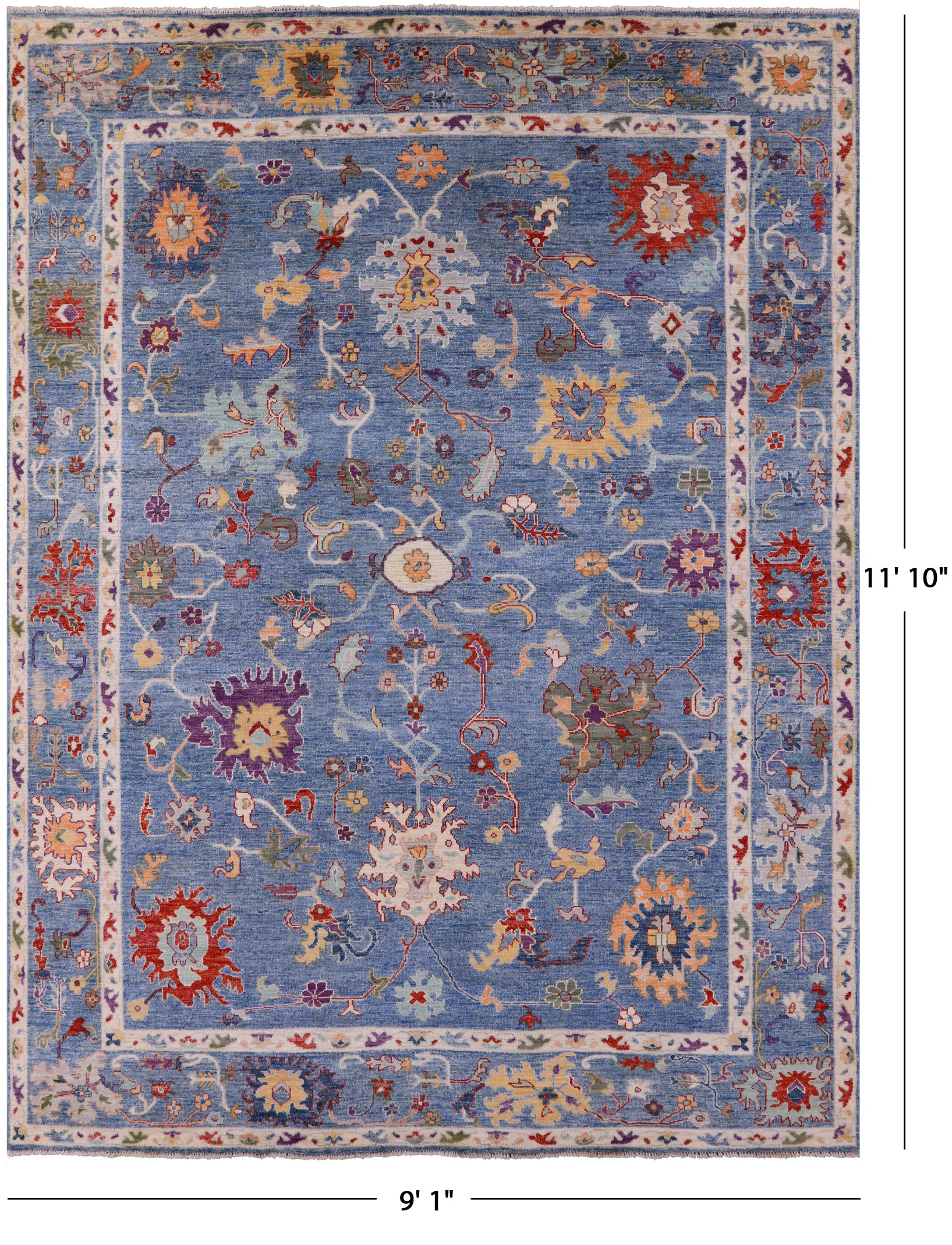 Blue Turkish Oushak Hand Knotted Wool Rug - 9' 1" X 11' 10" - Golden Nile