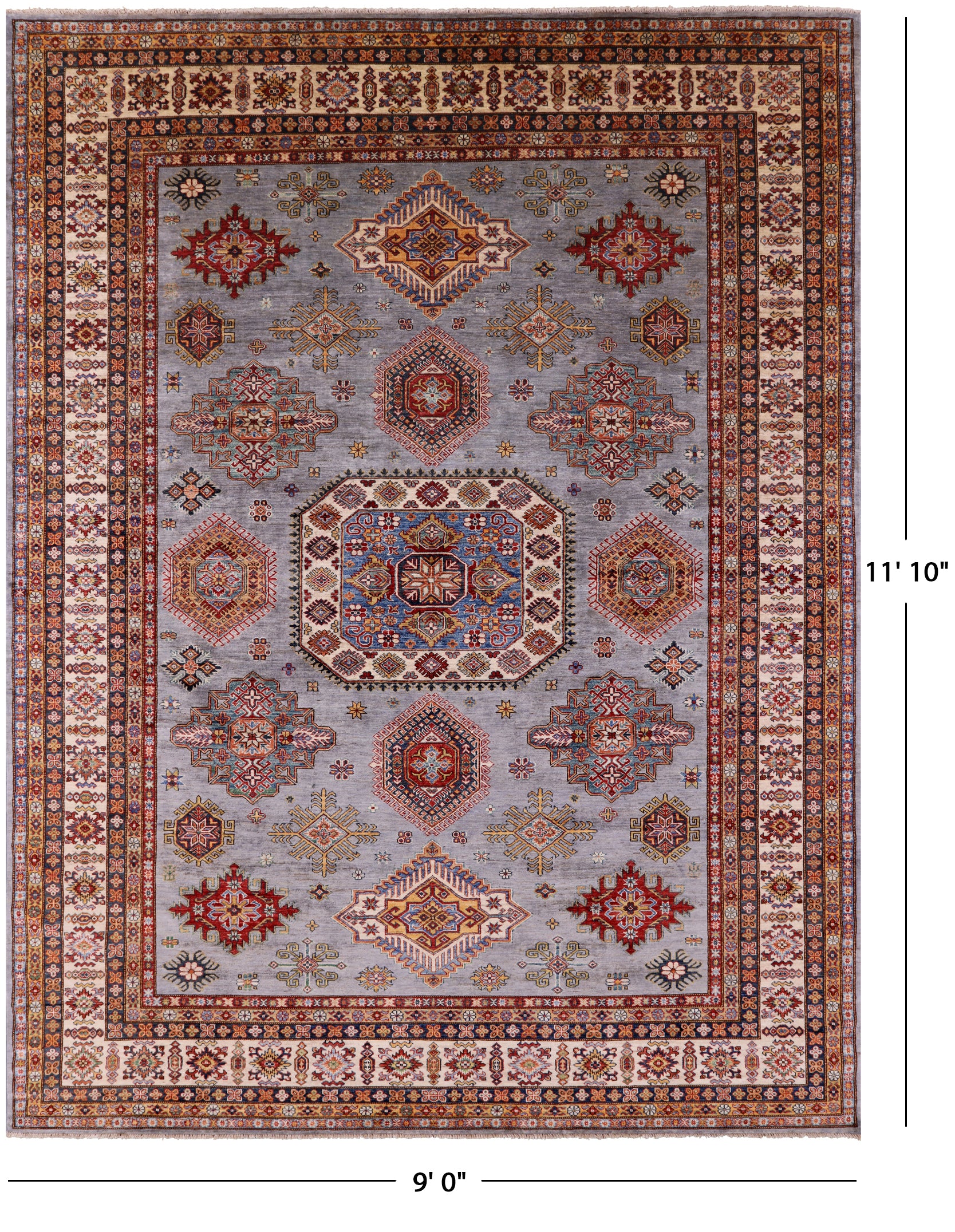 Super Kazak Hand Knotted Wool Rug - 9' 0" X 11' 10" - Golden Nile