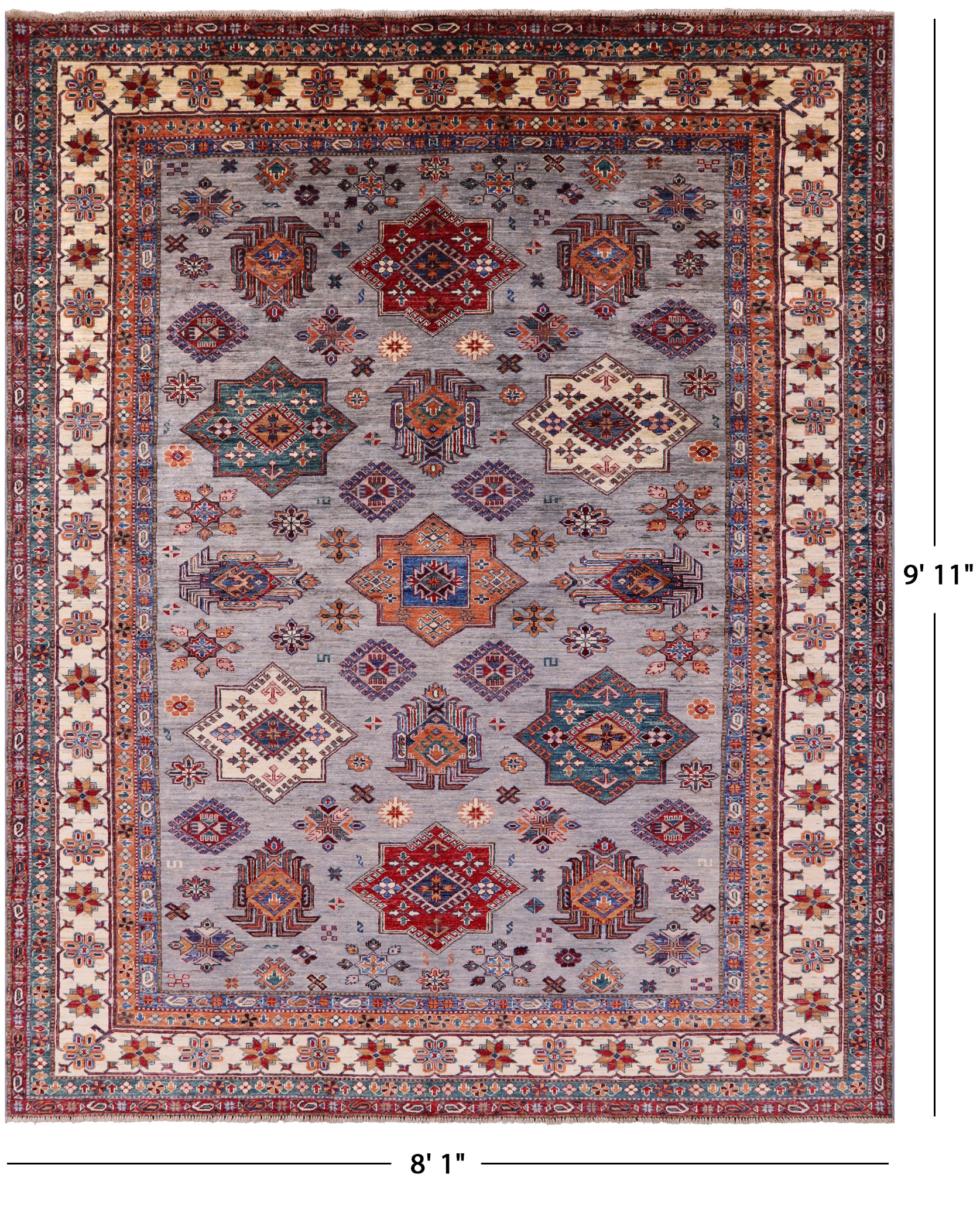 Grey Super Kazak Hand Knotted Wool Rug - 8' 1" X 9' 11" - Golden Nile