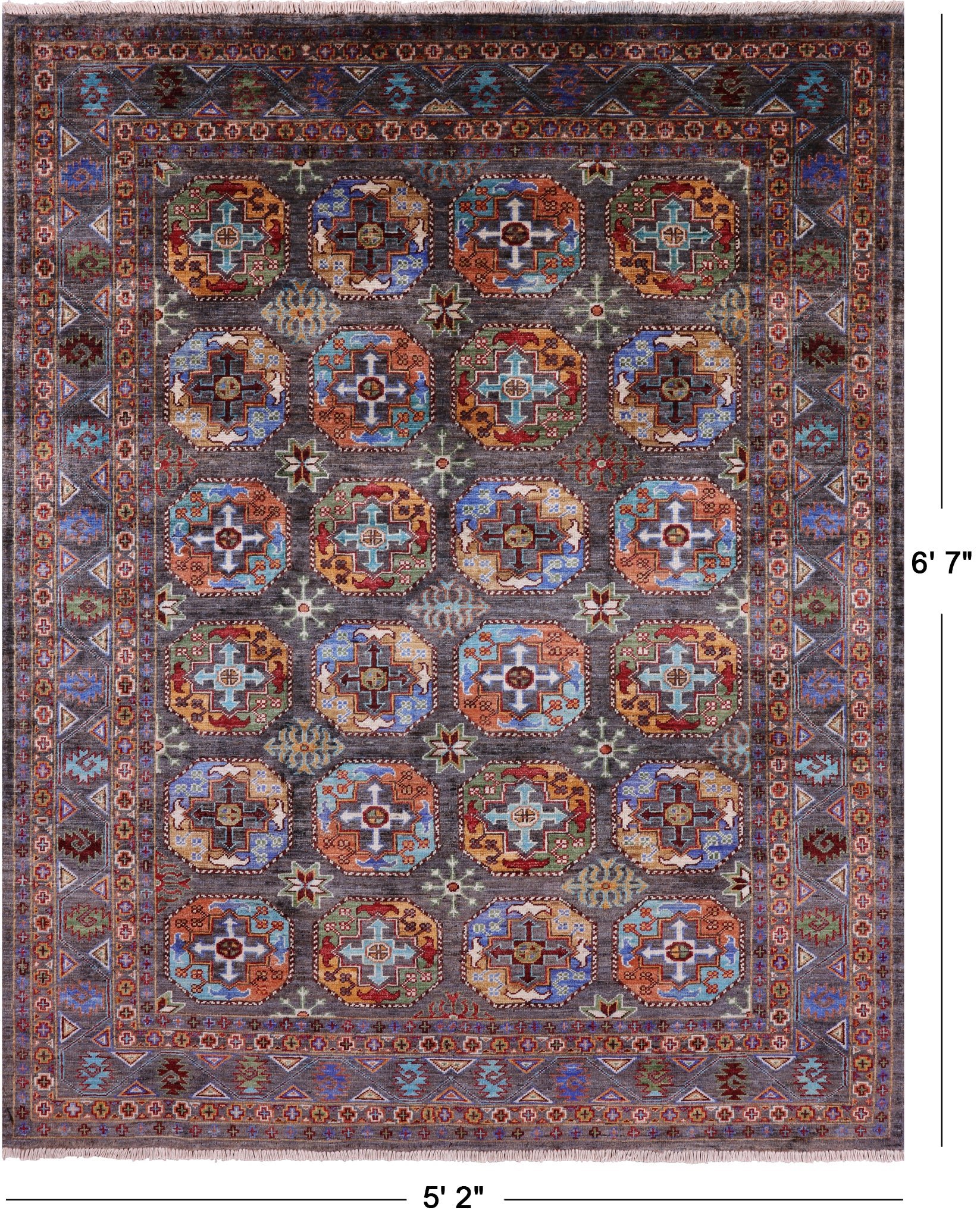 Grey Turkmen Ersari Hand Knotted Wool Rug - 5' 2" X 6' 7" - Golden Nile
