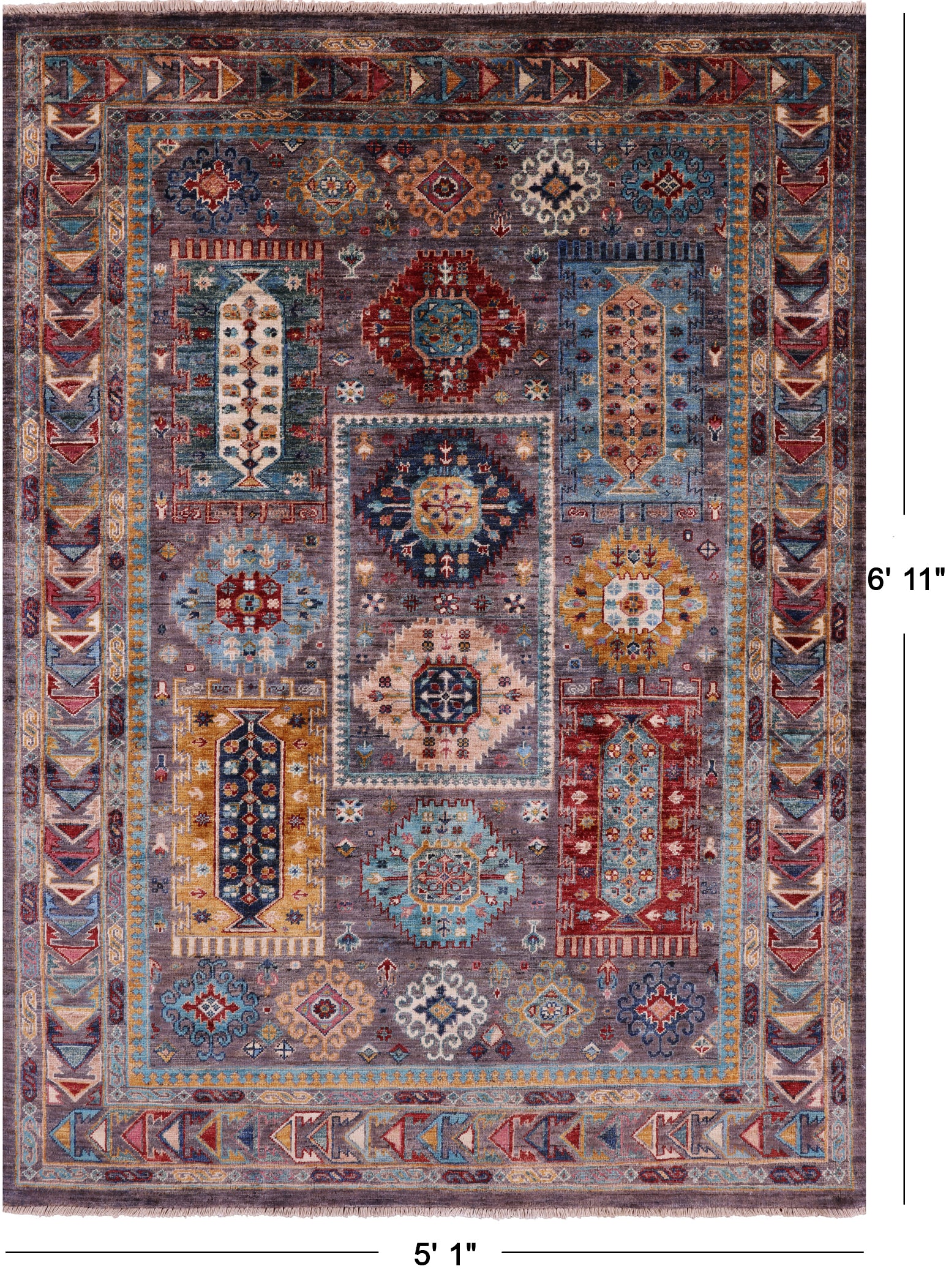 Grey Turkmen Ersari Hand Knotted Wool Rug - 5' 1" X 6' 11" - Golden Nile
