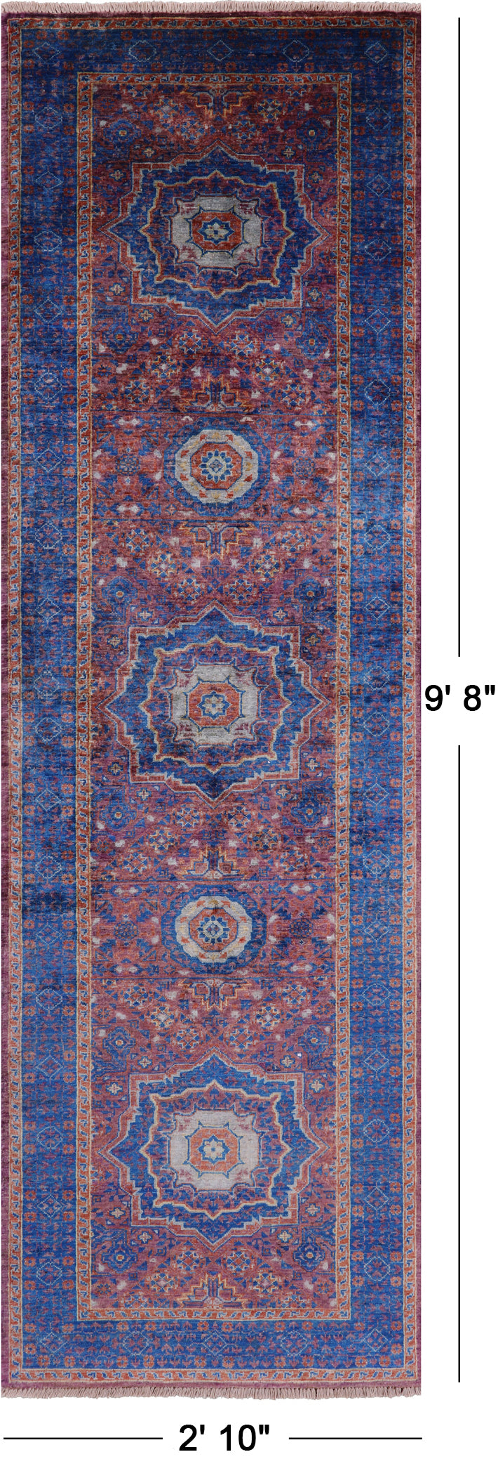 Purple Geometric Persian Mamluk Hand Knotted Wool Runner Rug - 2' 10" X 9' 8" - Golden Nile