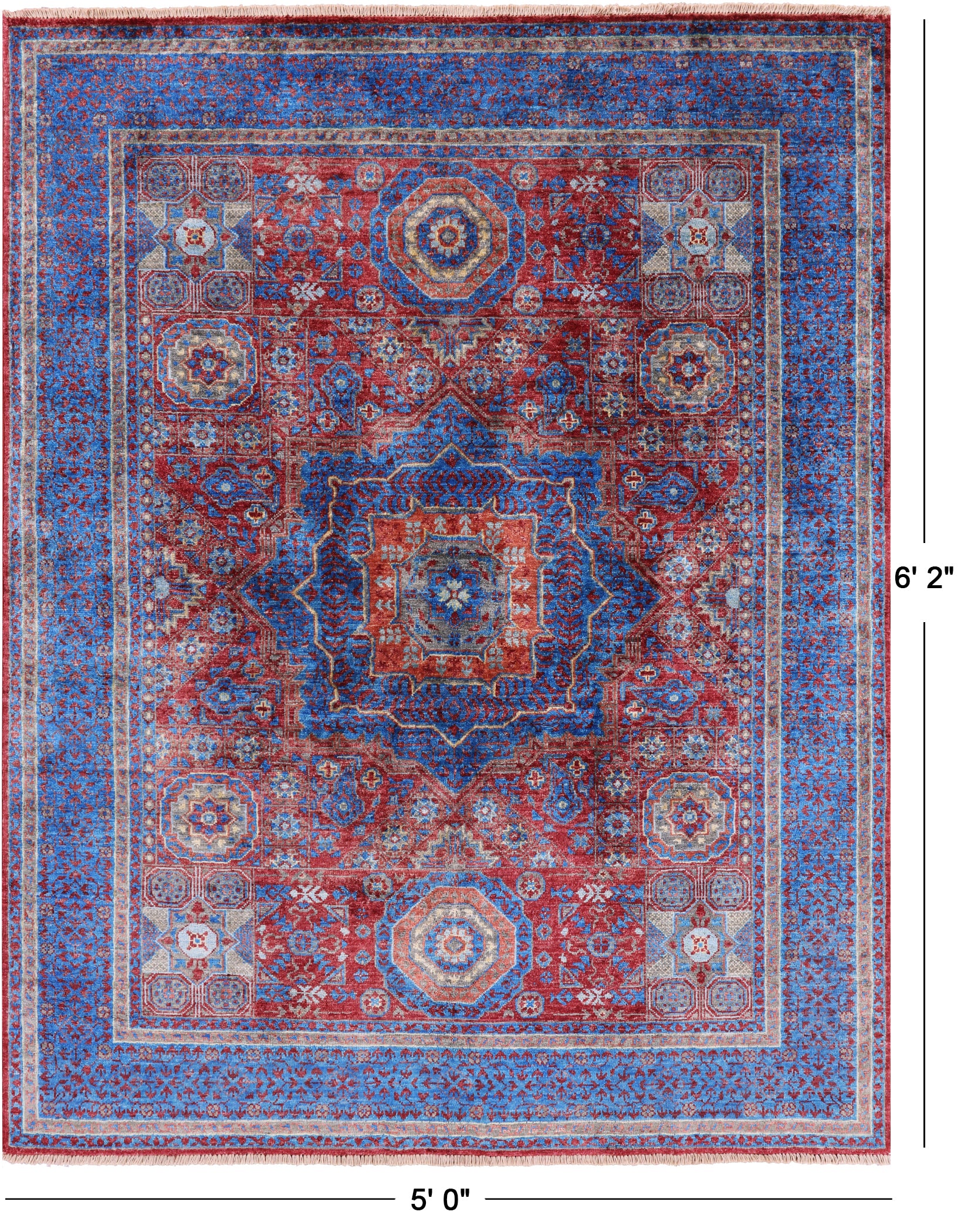 Red Geometric Persian Mamluk Hand Knotted Wool Rug - 5' 0" X 6' 2" - Golden Nile