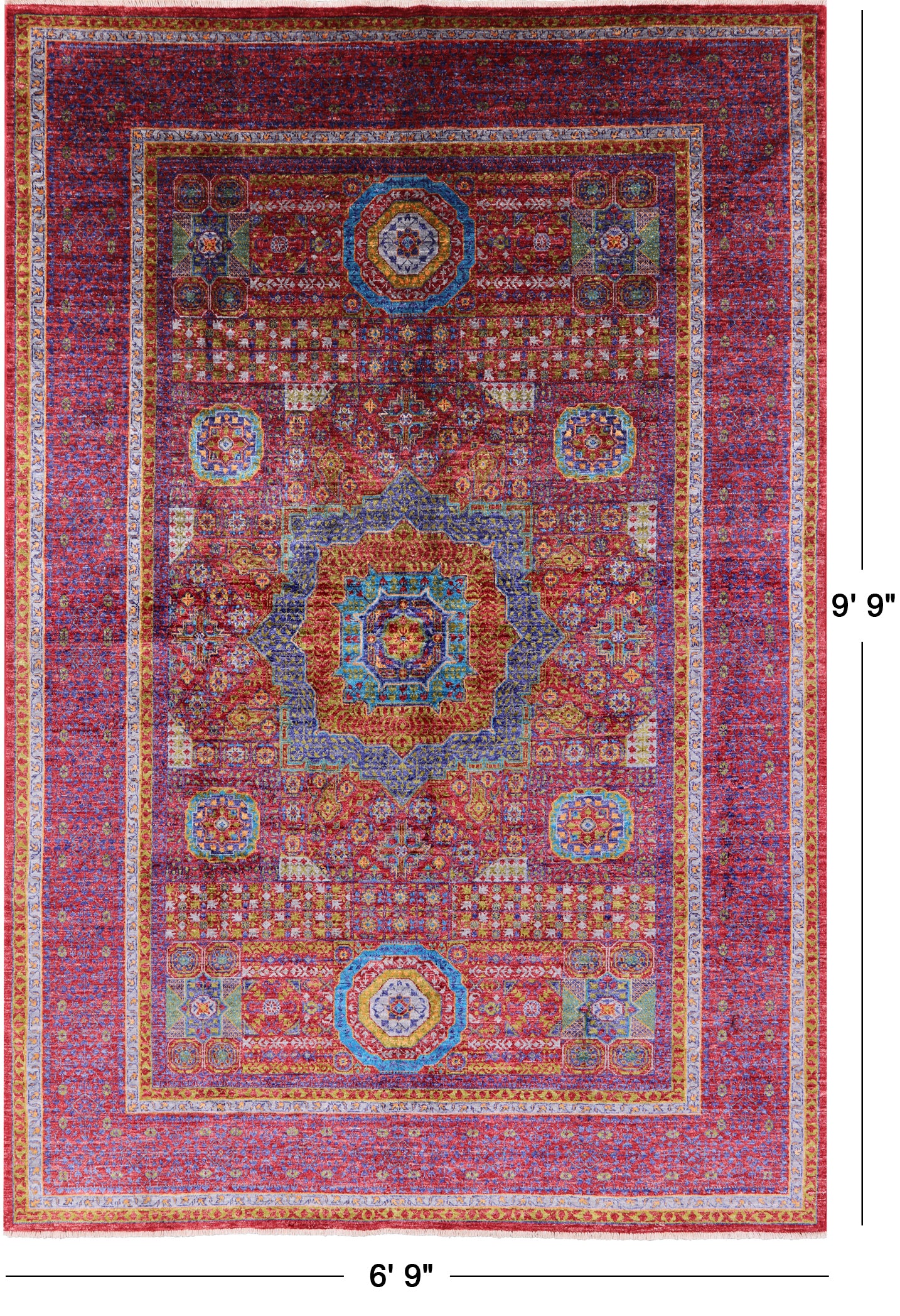 Red Geometric Persian Mamluk Hand Knotted Wool Rug - 6' 9" X 9' 9" - Golden Nile