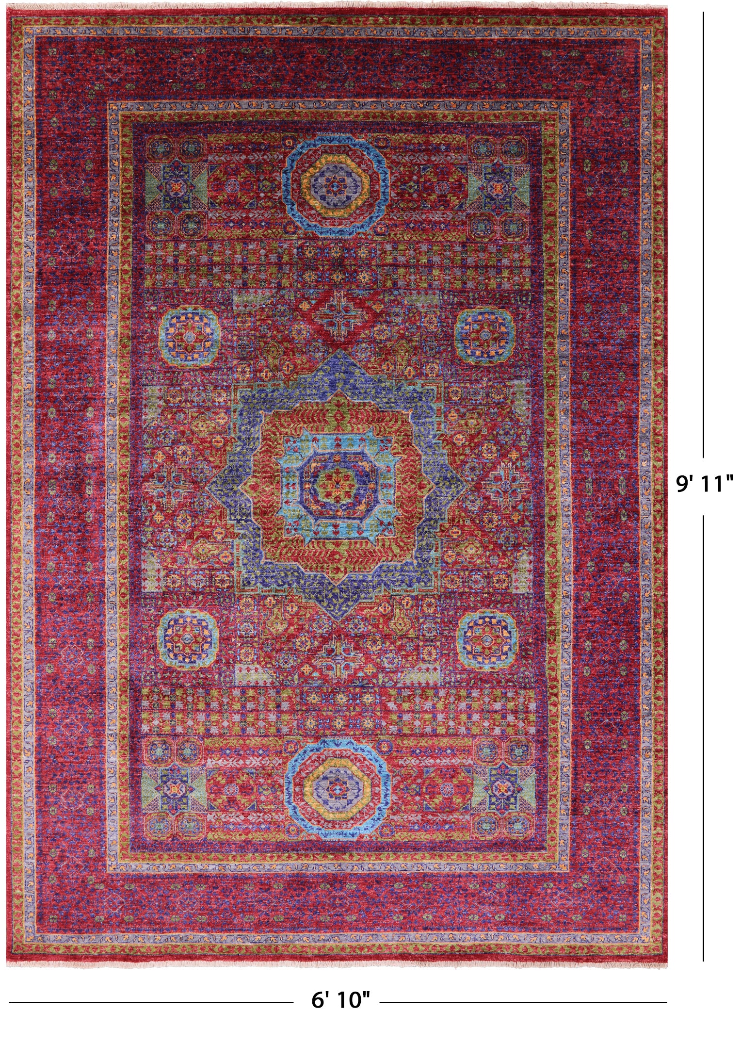 Red Geometric Persian Mamluk Handmade Wool Rug - 6' 10" X 9' 11" - Golden Nile