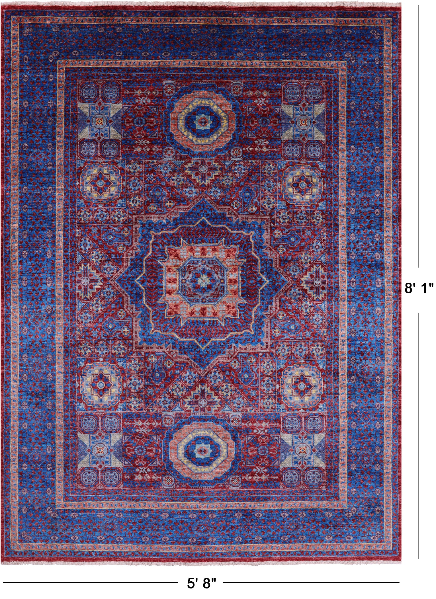 Red Geometric Persian Mamluk Hand Knotted Wool Rug - 5' 8" X 8' 1" - Golden Nile