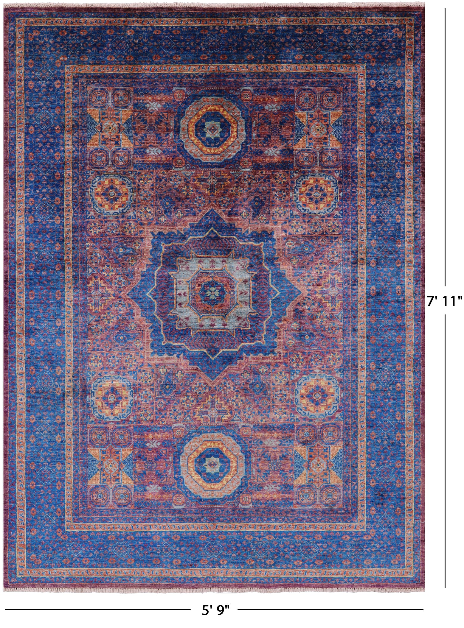 Purple Geometric Persian Mamluk Hand Knotted Wool Rug - 5' 9" X 7' 11" - Golden Nile
