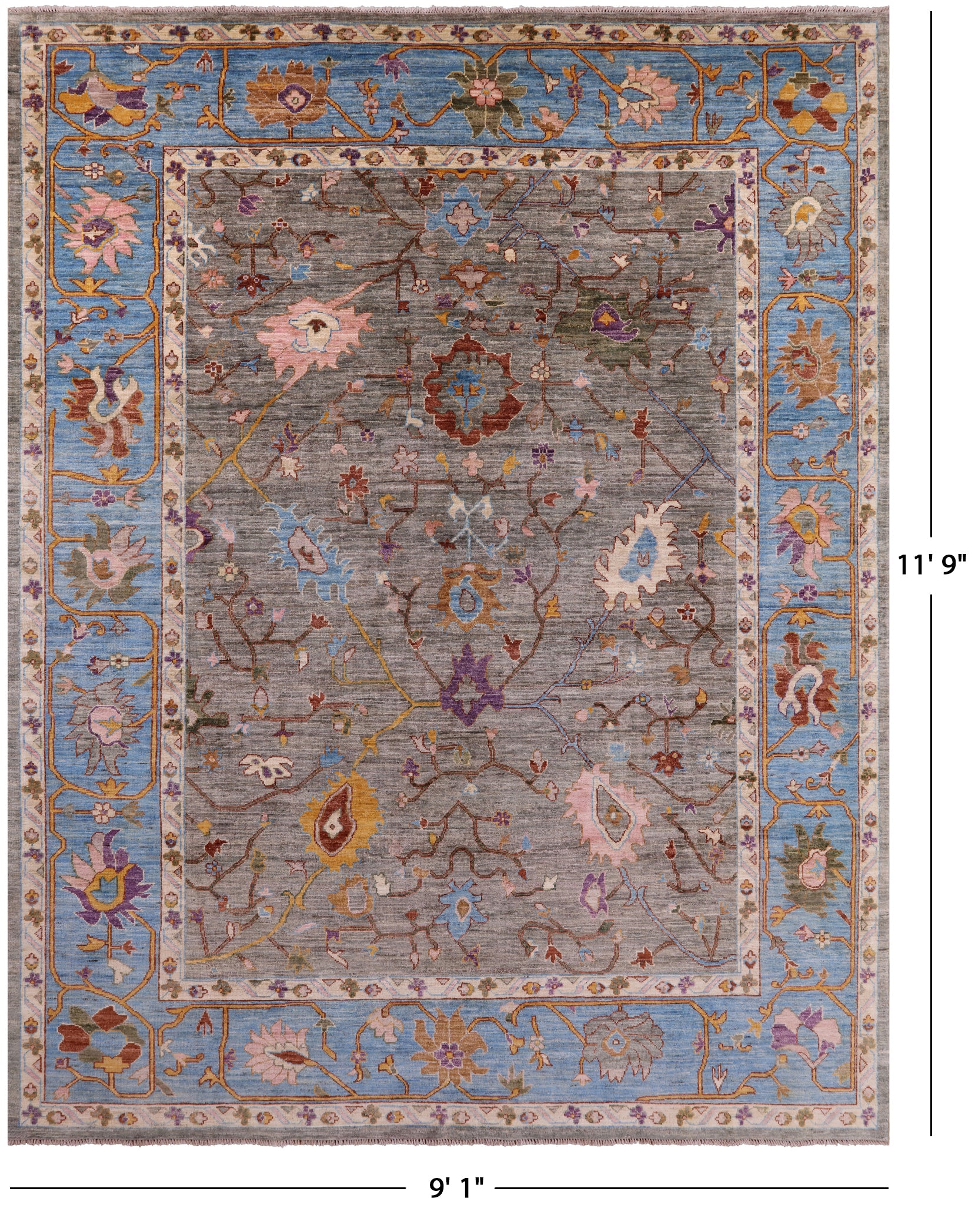 Grey Turkish Oushak Hand Knotted Wool Rug - 9' 1" X 11' 9" - Golden Nile