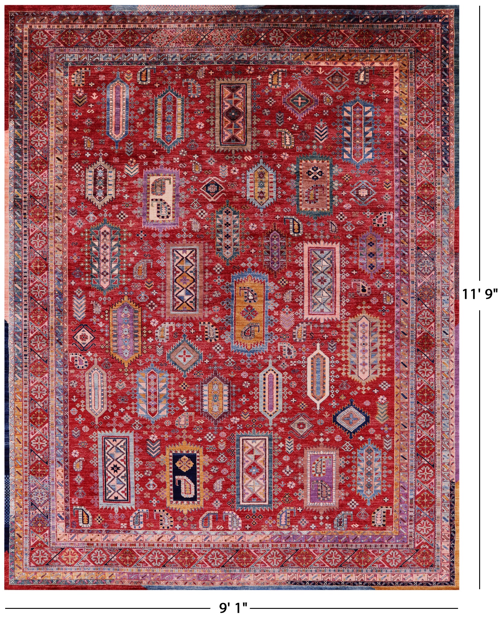 Red Persian Fine Serapi Hand Knotted Wool Rug - 9' 1" X 11' 9" - Golden Nile