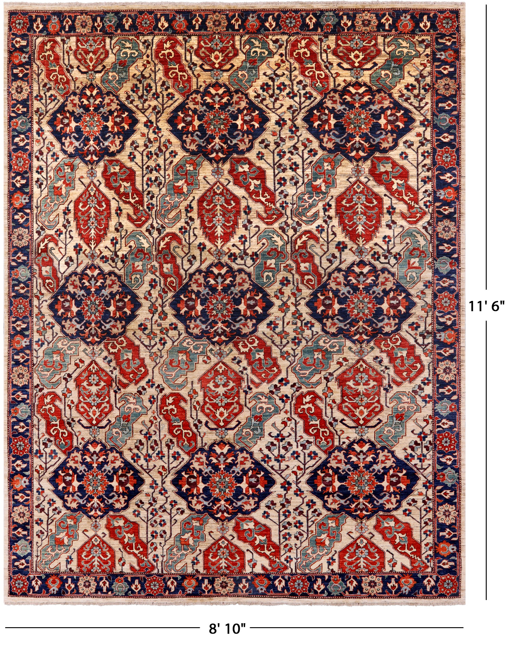 Ivory Persian Fine Serapi Hand Knotted Wool Rug - 8' 10" X 11' 6" - Golden Nile