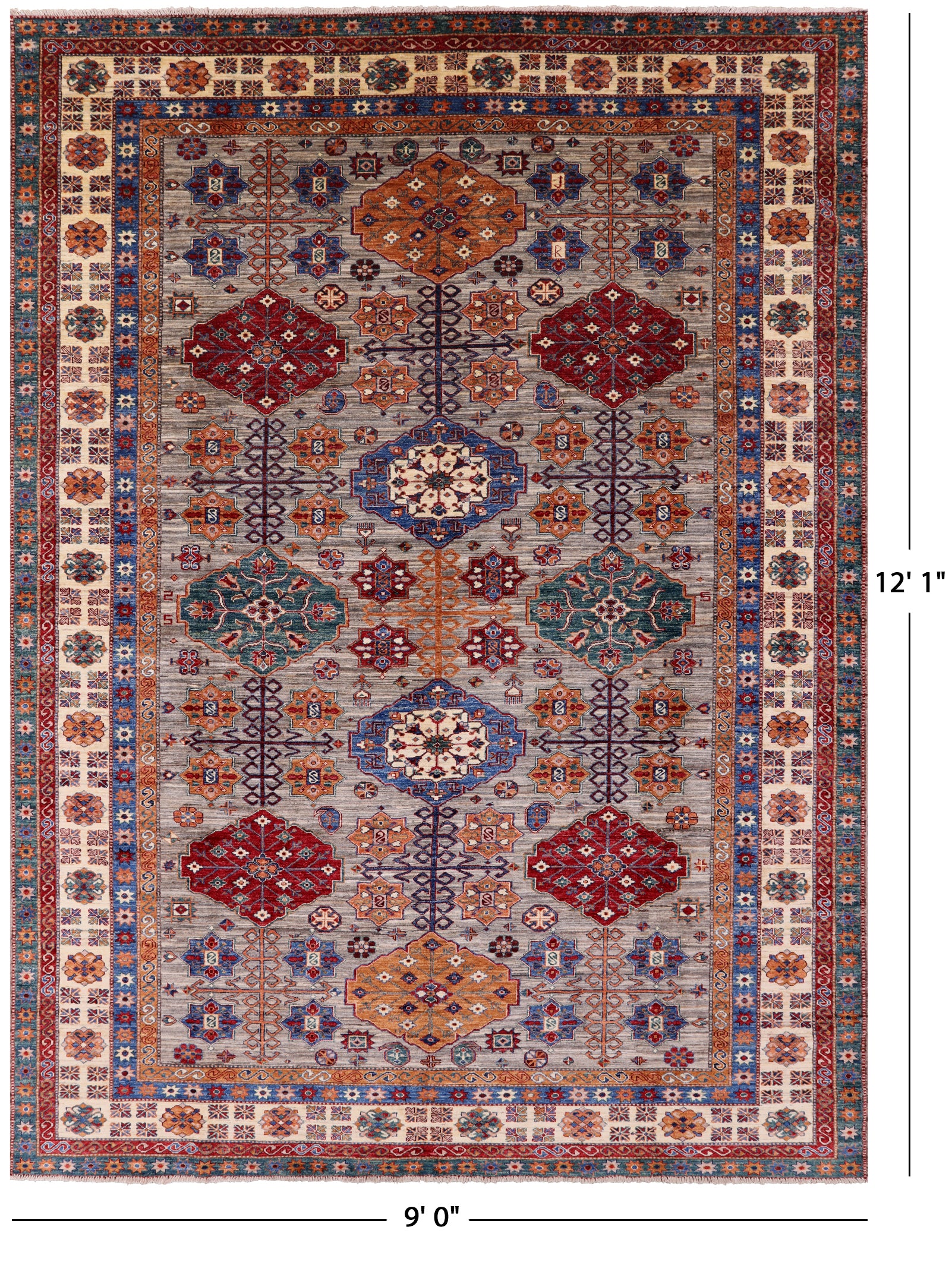 Super Kazak Hand Knotted Wool Rug - 9' 0" X 12' 1" - Golden Nile